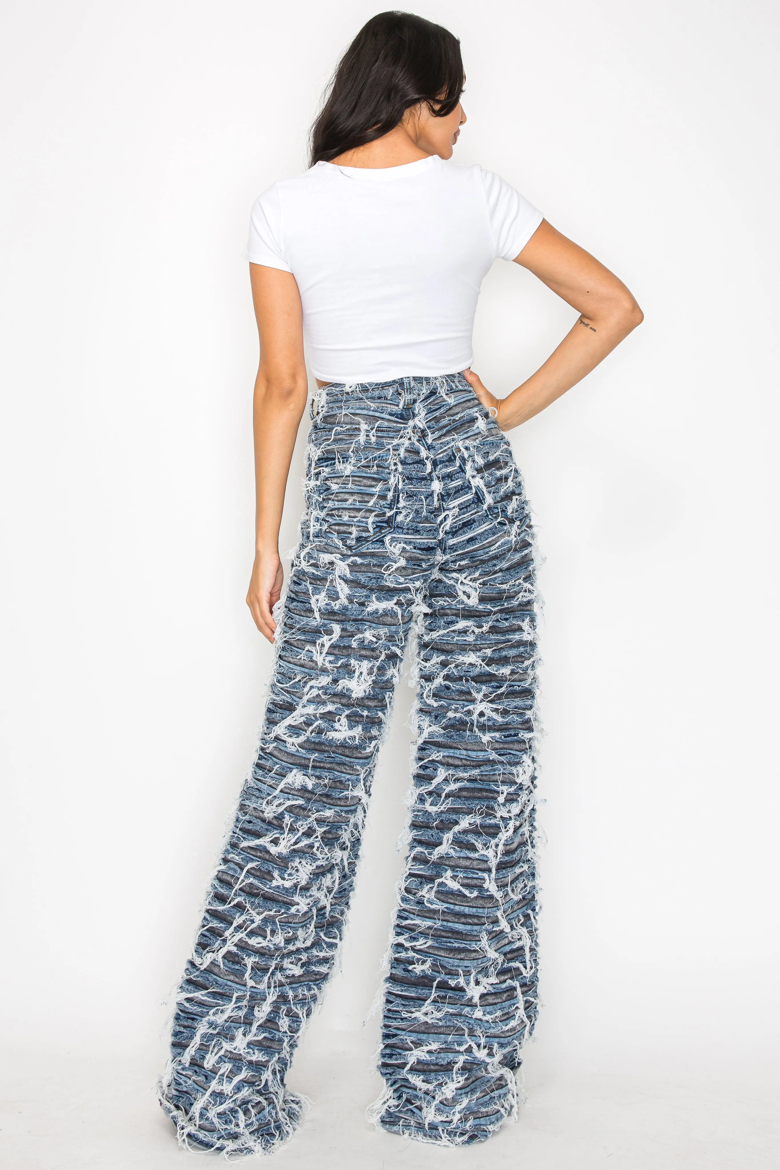 40673 High Rise Wide Leg Dual Layer Frayed Jeans