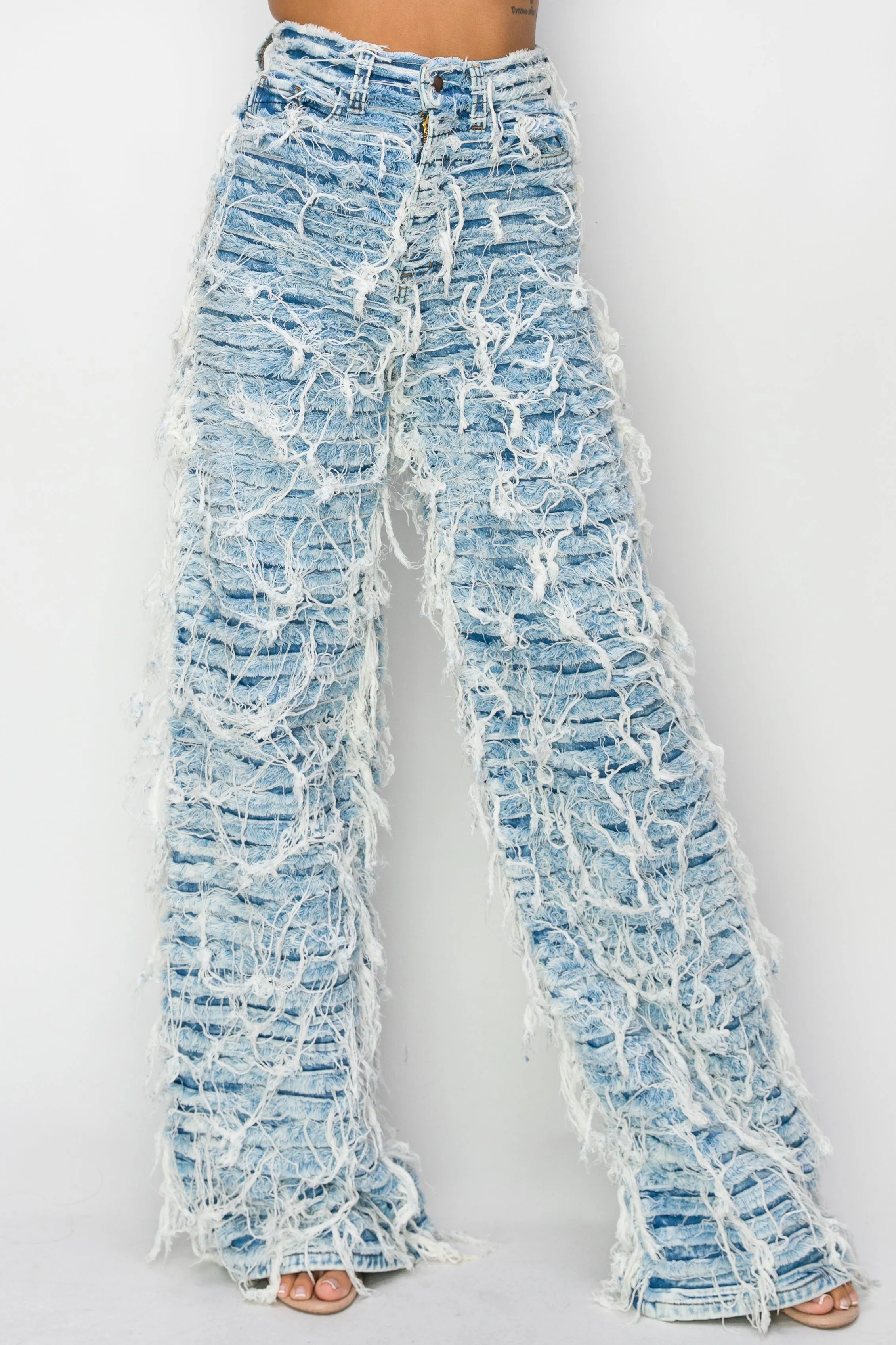 40673 High Rise Wide Leg Dual Layer Frayed Jeans