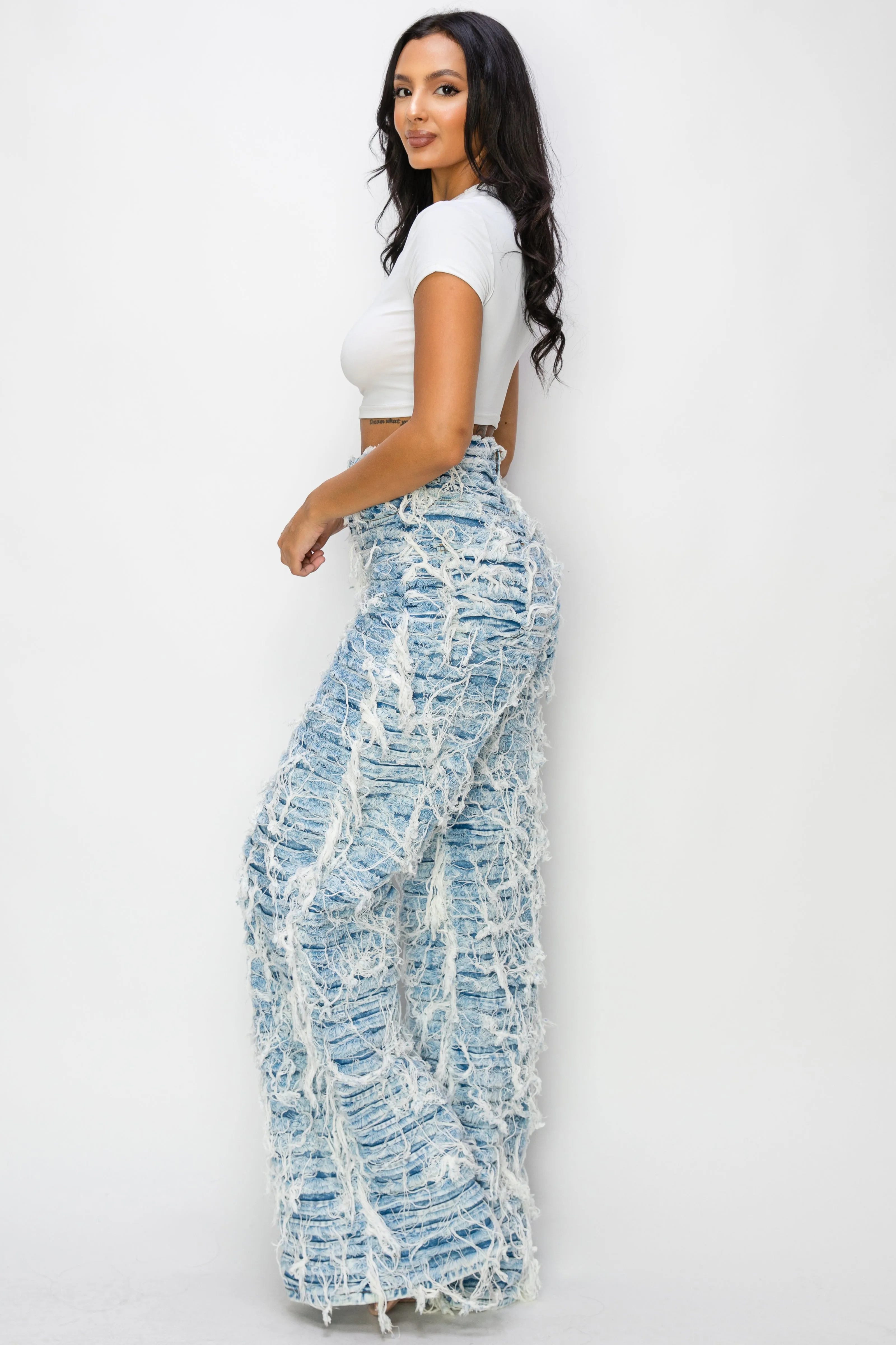 40673 High Rise Wide Leg Dual Layer Frayed Jeans