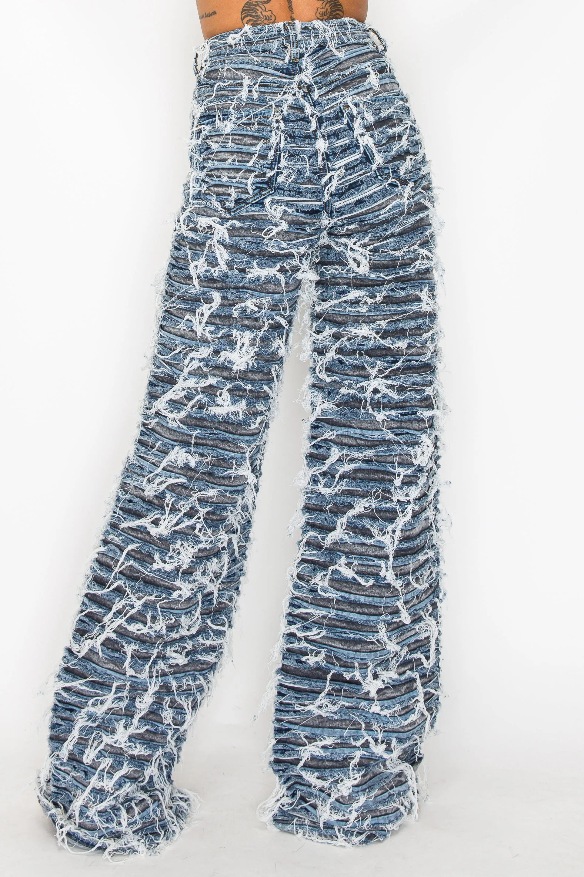 40673 High Rise Wide Leg Dual Layer Frayed Jeans