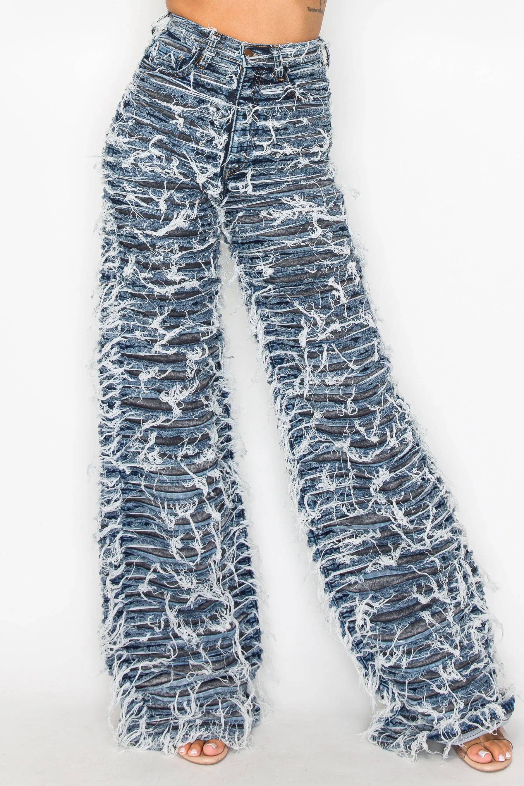40673 High Rise Wide Leg Dual Layer Frayed Jeans