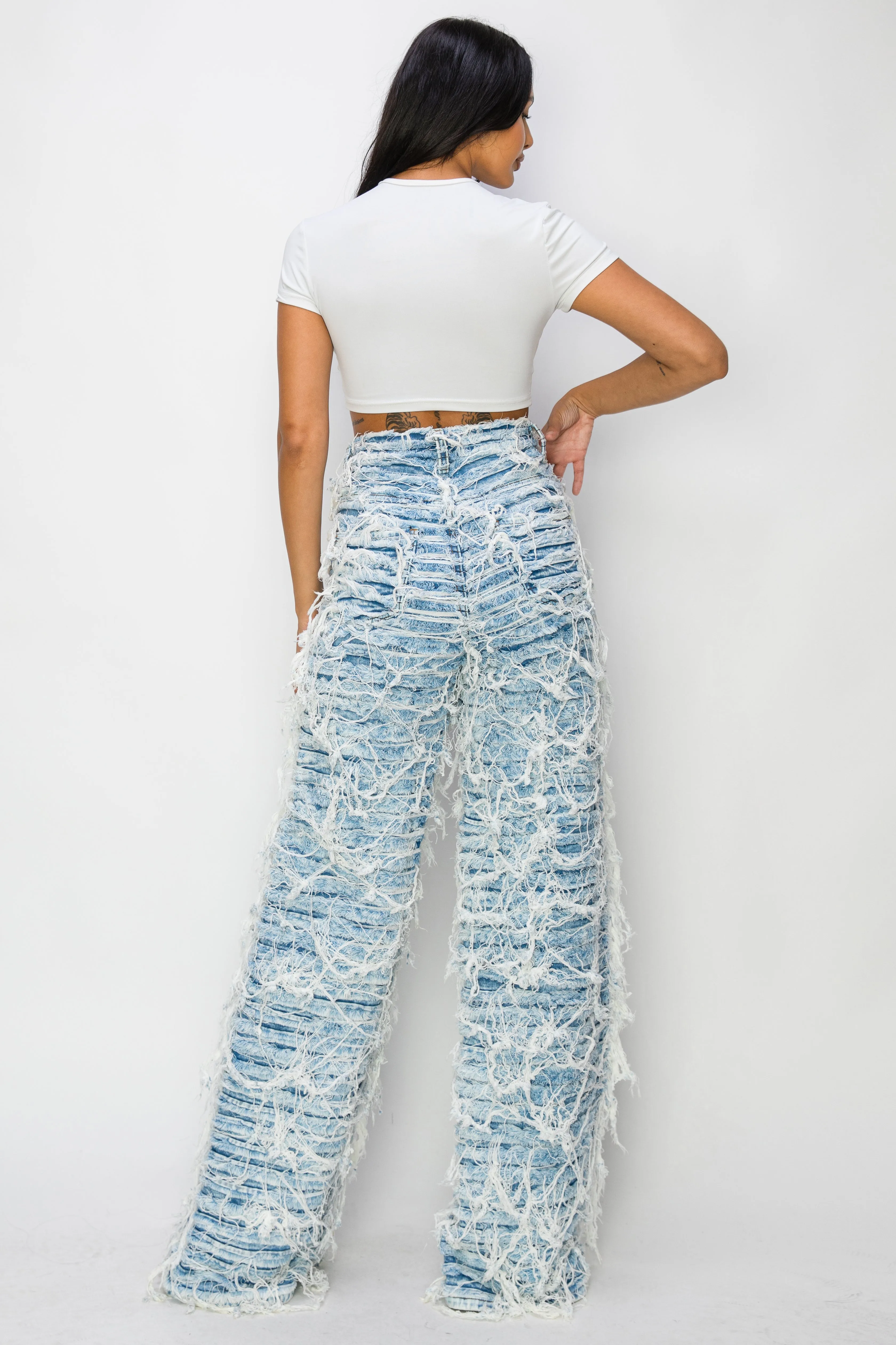 40673 High Rise Wide Leg Dual Layer Frayed Jeans