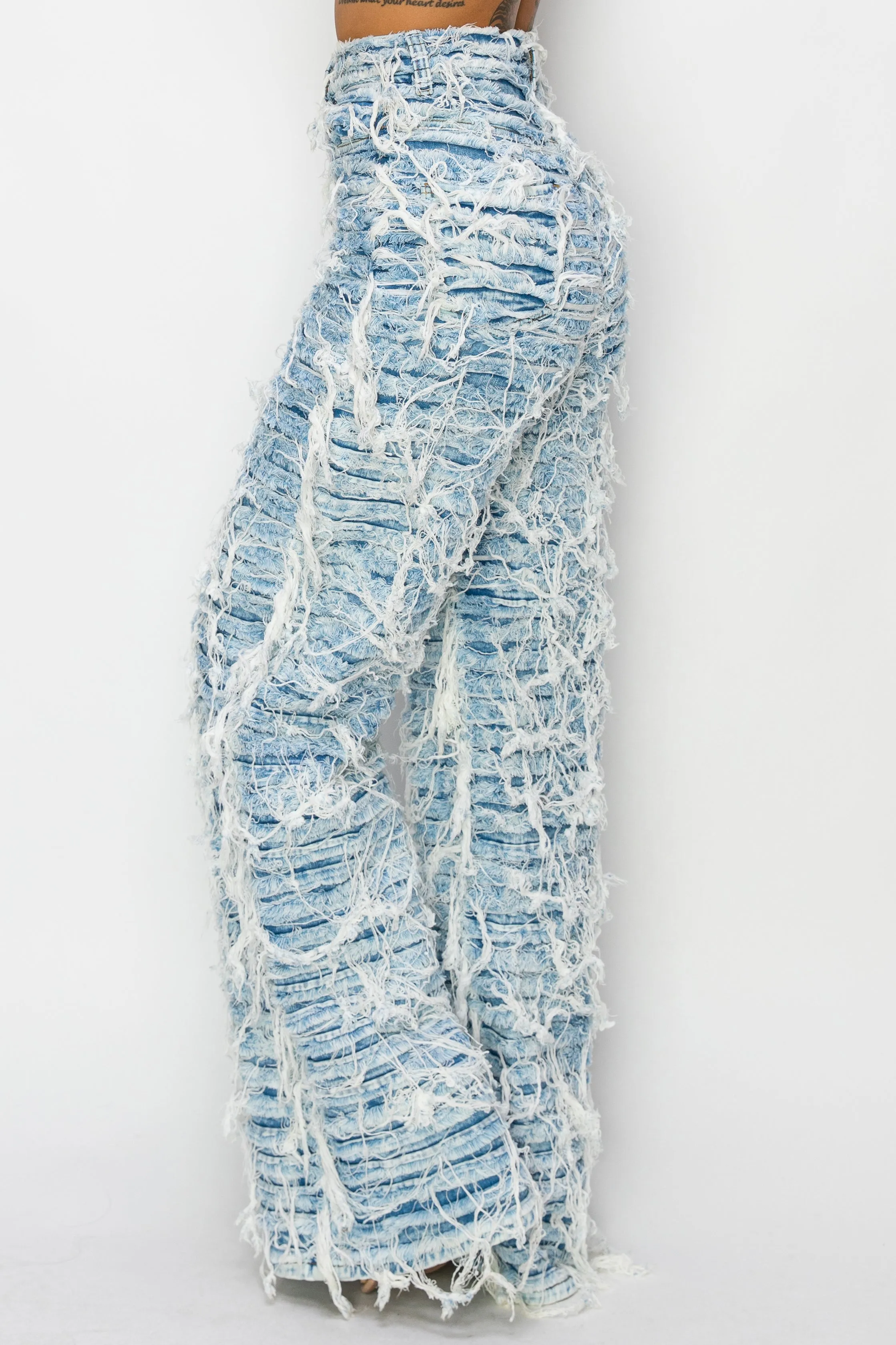 40673 High Rise Wide Leg Dual Layer Frayed Jeans