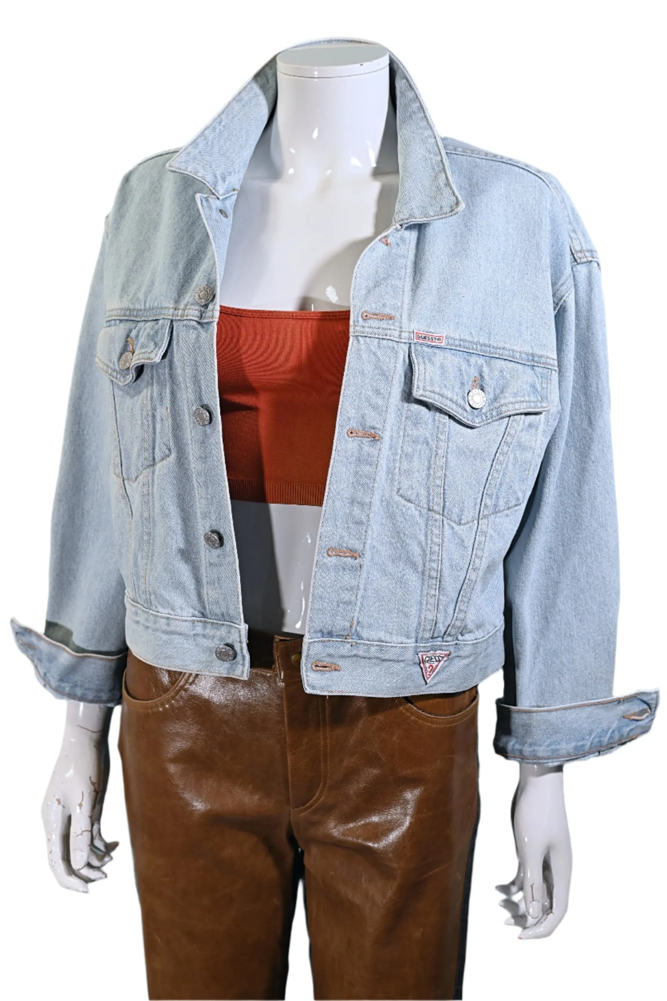 80s Guess Cropped Light Acid Washed Denim Jacket, Georges Marciano S