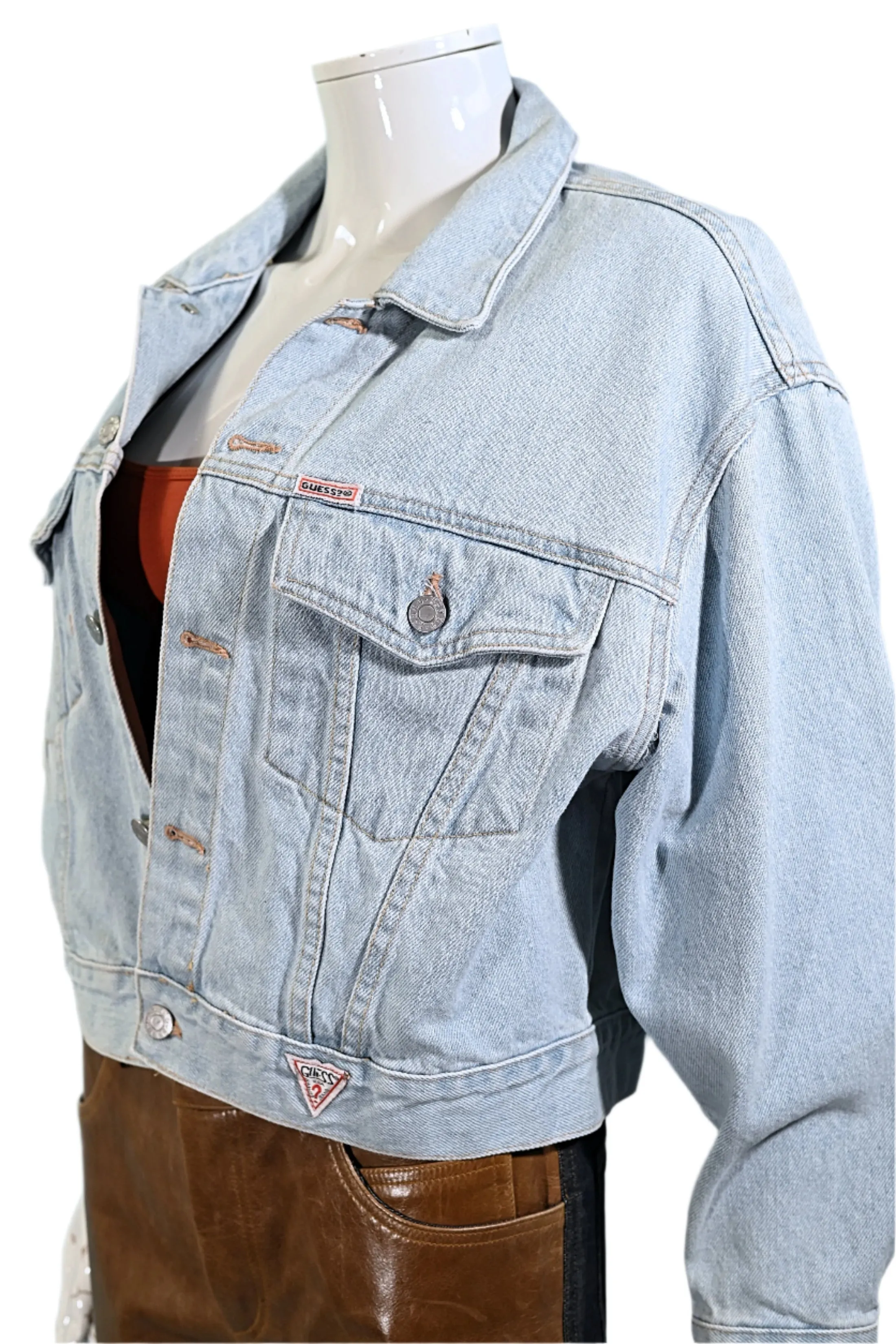 80s Guess Cropped Light Acid Washed Denim Jacket, Georges Marciano S