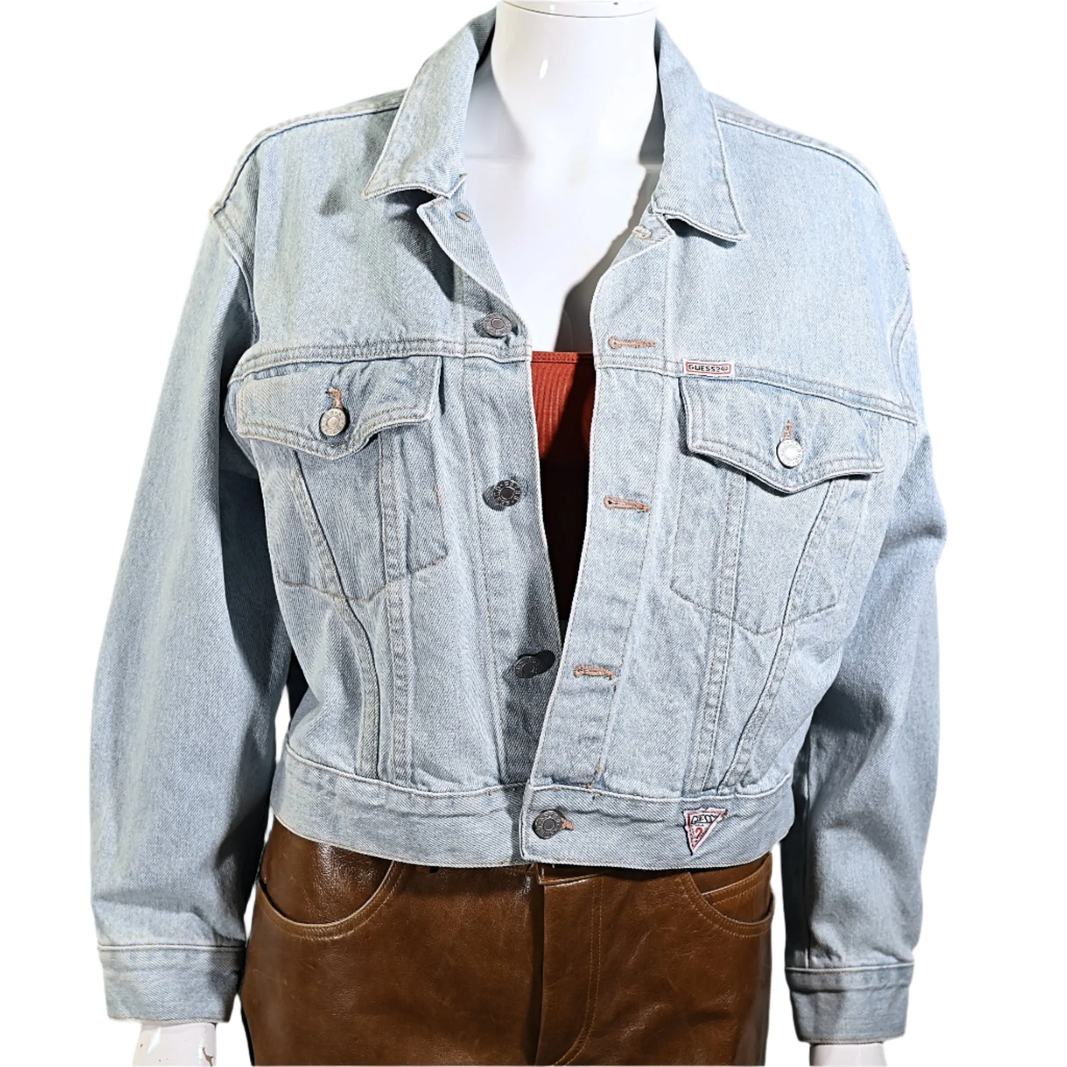 80s Guess Cropped Light Acid Washed Denim Jacket, Georges Marciano S