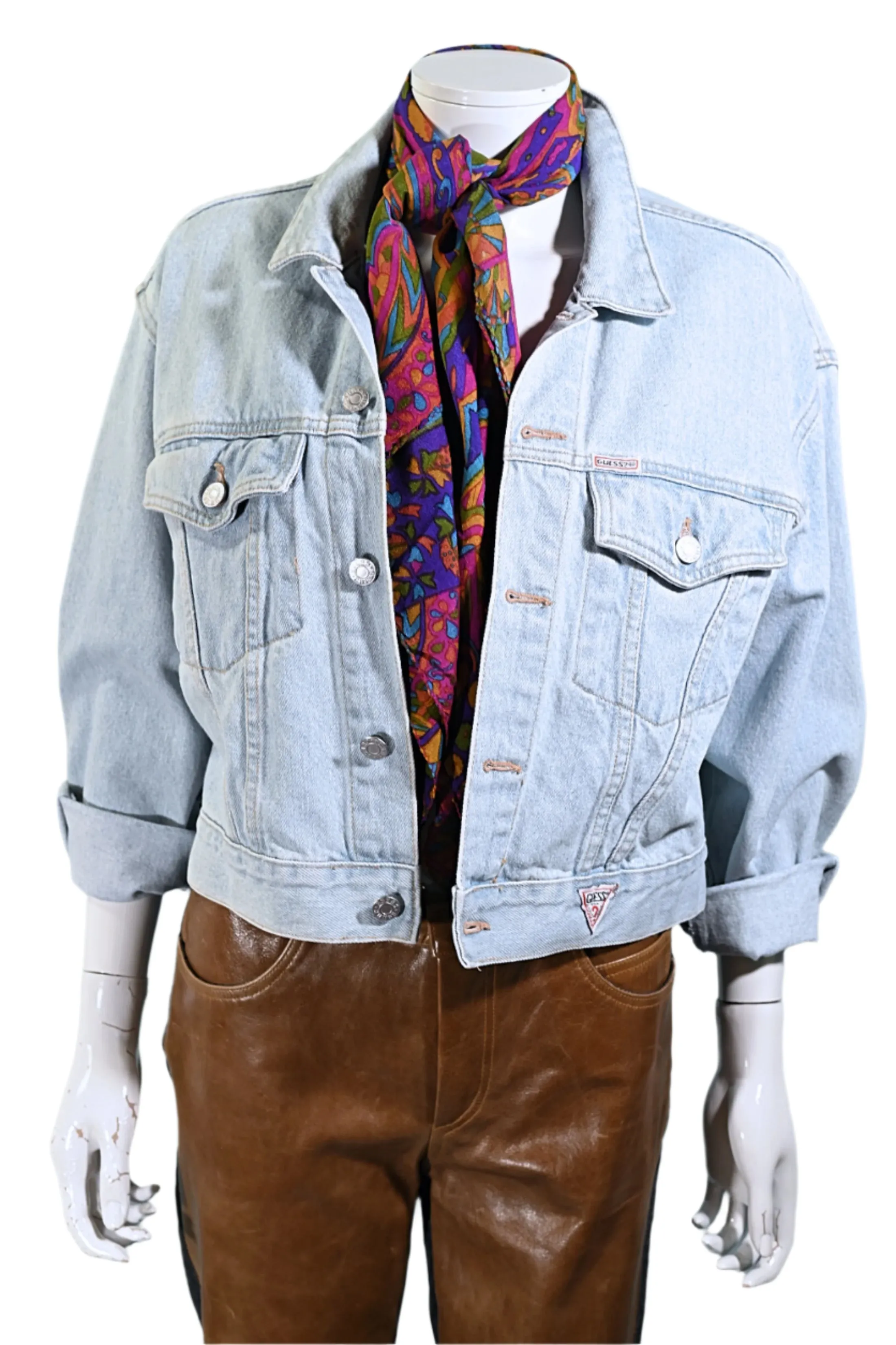 80s Guess Cropped Light Acid Washed Denim Jacket, Georges Marciano S