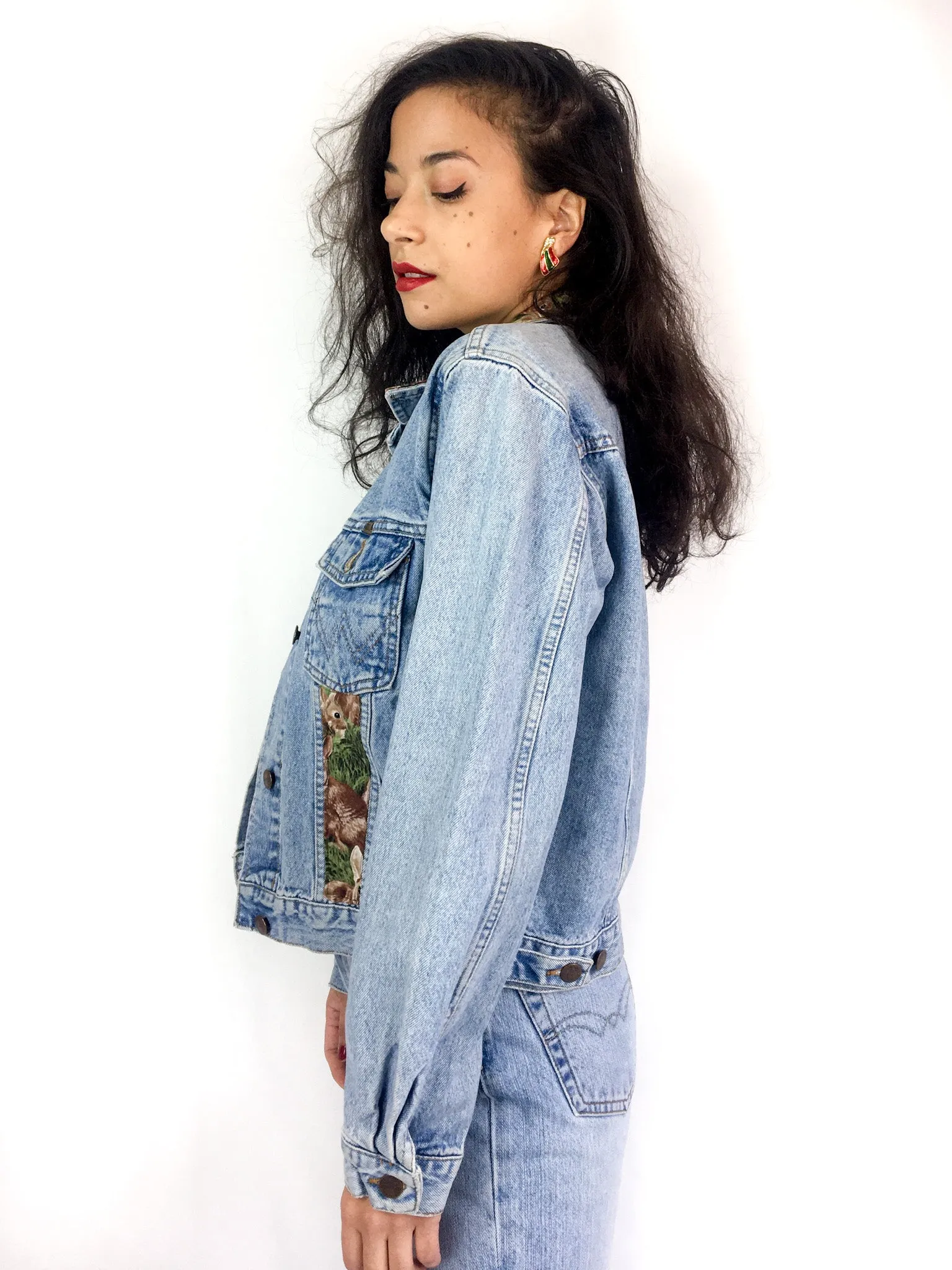 90s vintage up-cycled Wrangler denim jacket, "Rabbits in grass" print