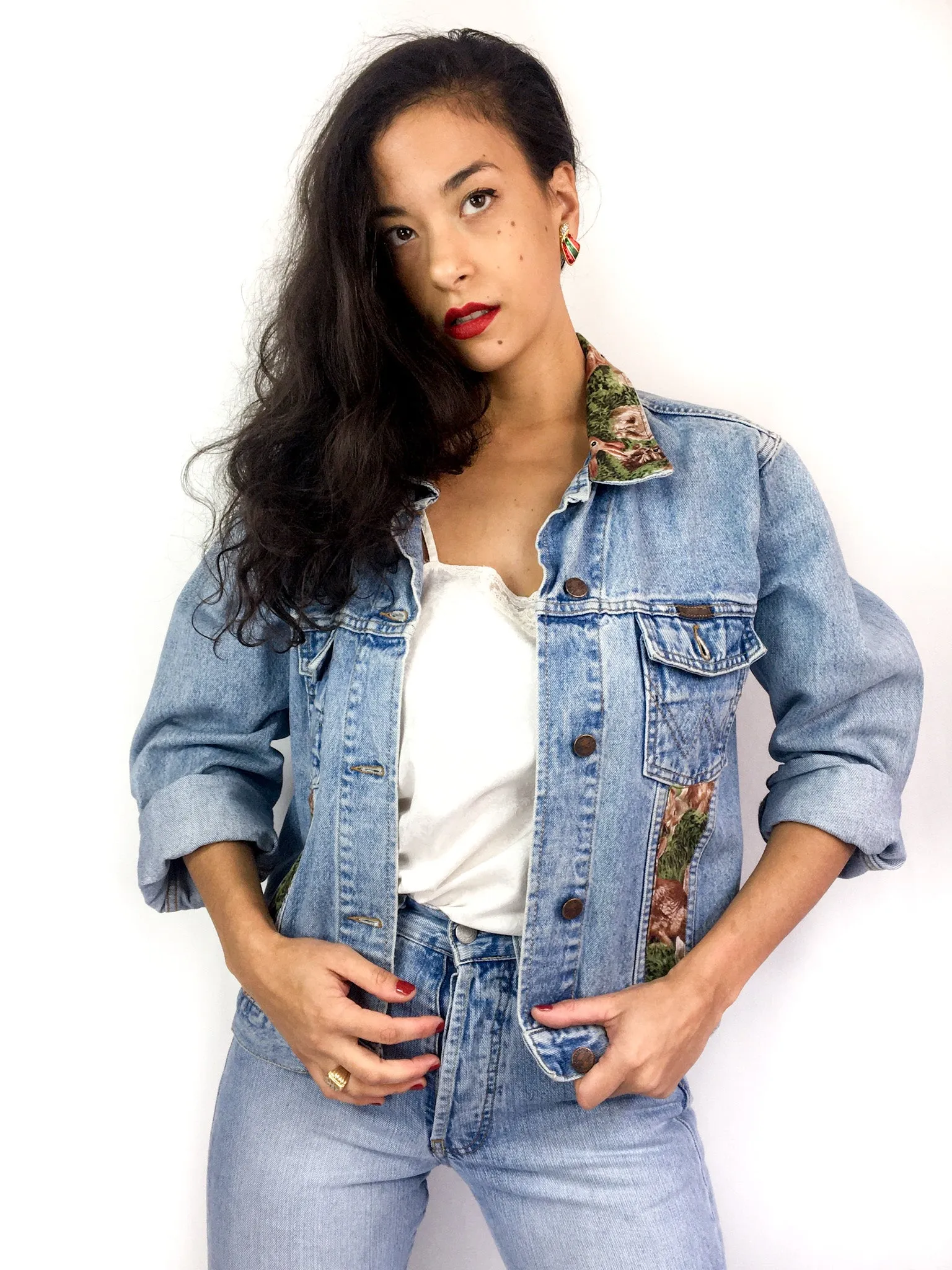 90s vintage up-cycled Wrangler denim jacket, "Rabbits in grass" print