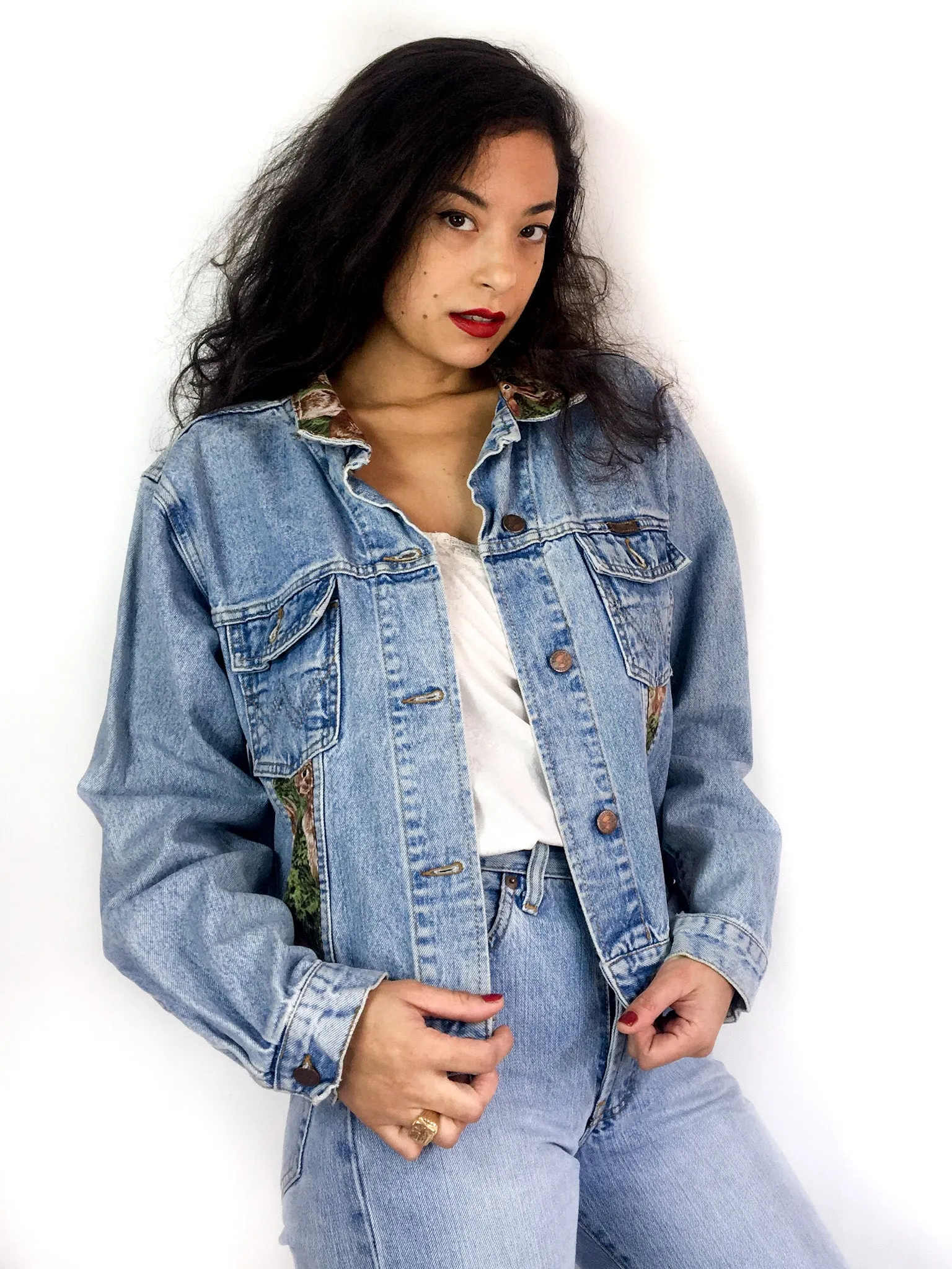 90s vintage up-cycled Wrangler denim jacket, "Rabbits in grass" print