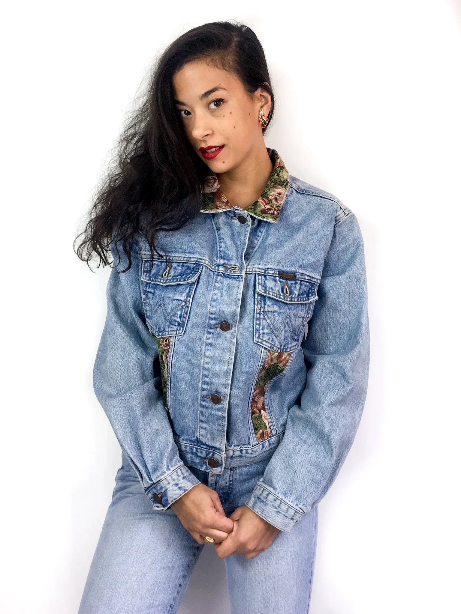 90s vintage up-cycled Wrangler denim jacket, "Rabbits in grass" print