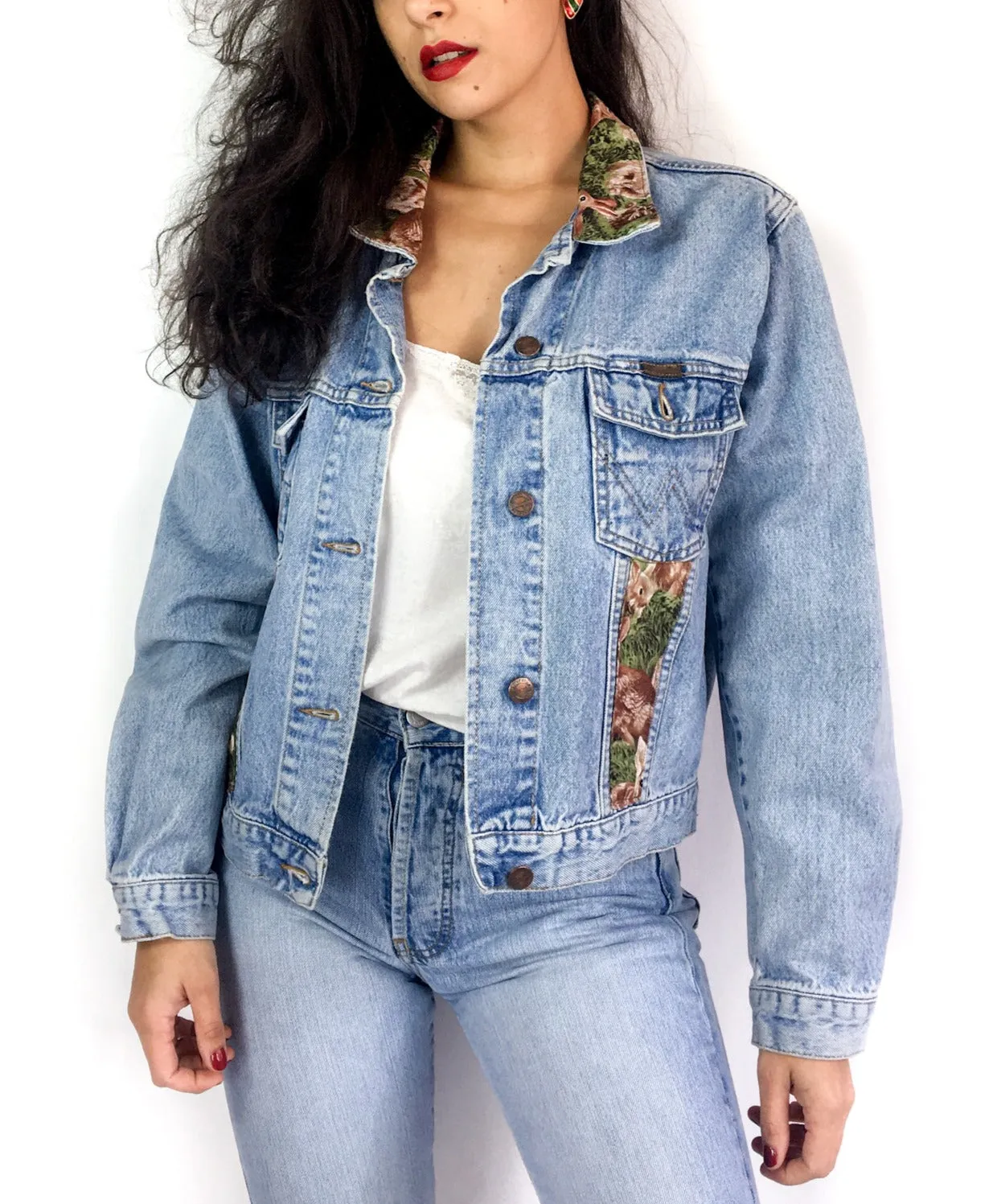 90s vintage up-cycled Wrangler denim jacket, "Rabbits in grass" print