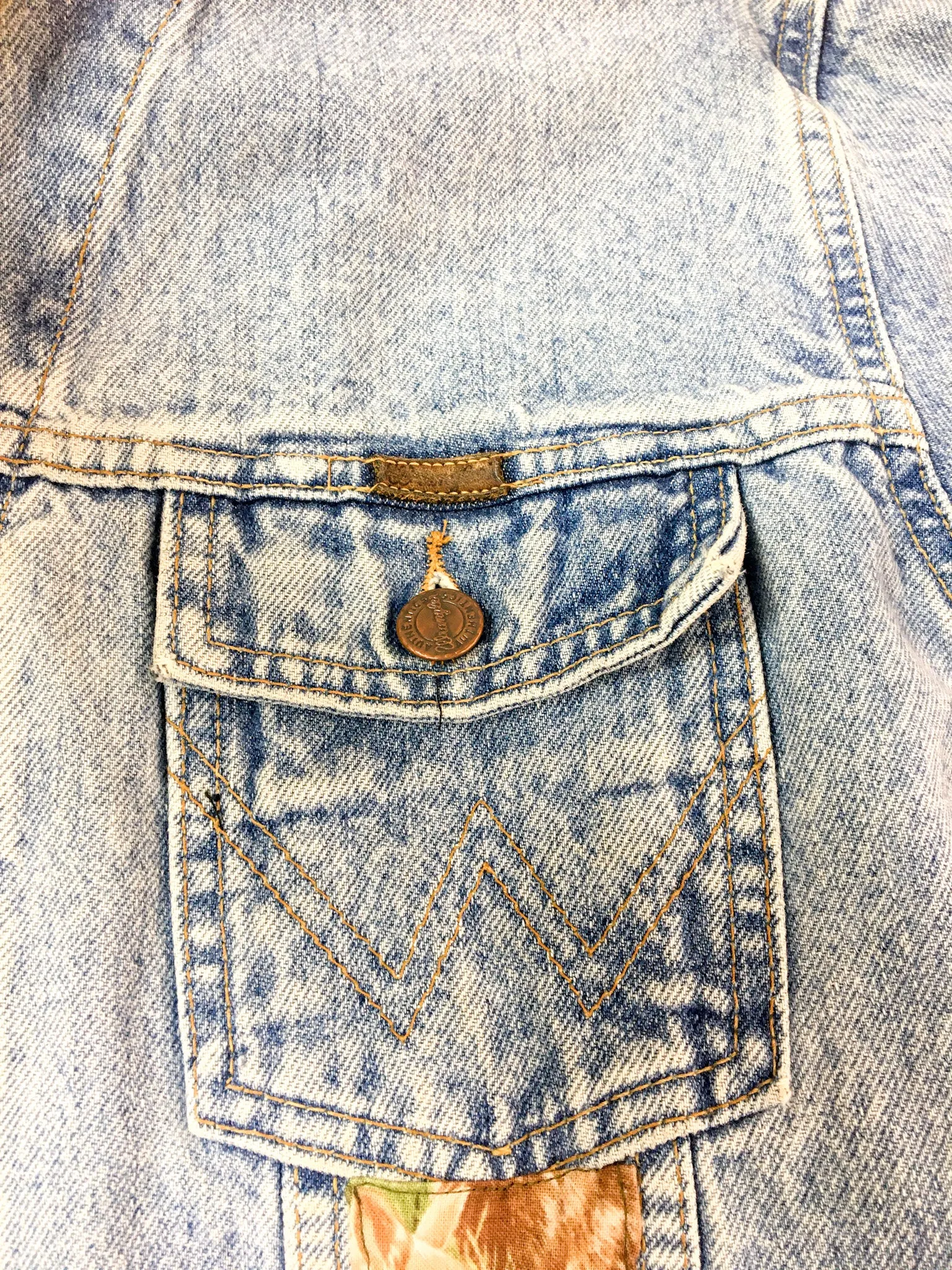 90s vintage up-cycled Wrangler denim jacket, "Rabbits in grass" print