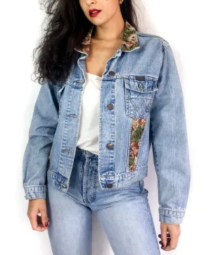90s vintage up-cycled Wrangler denim jacket, "Rabbits in grass" print