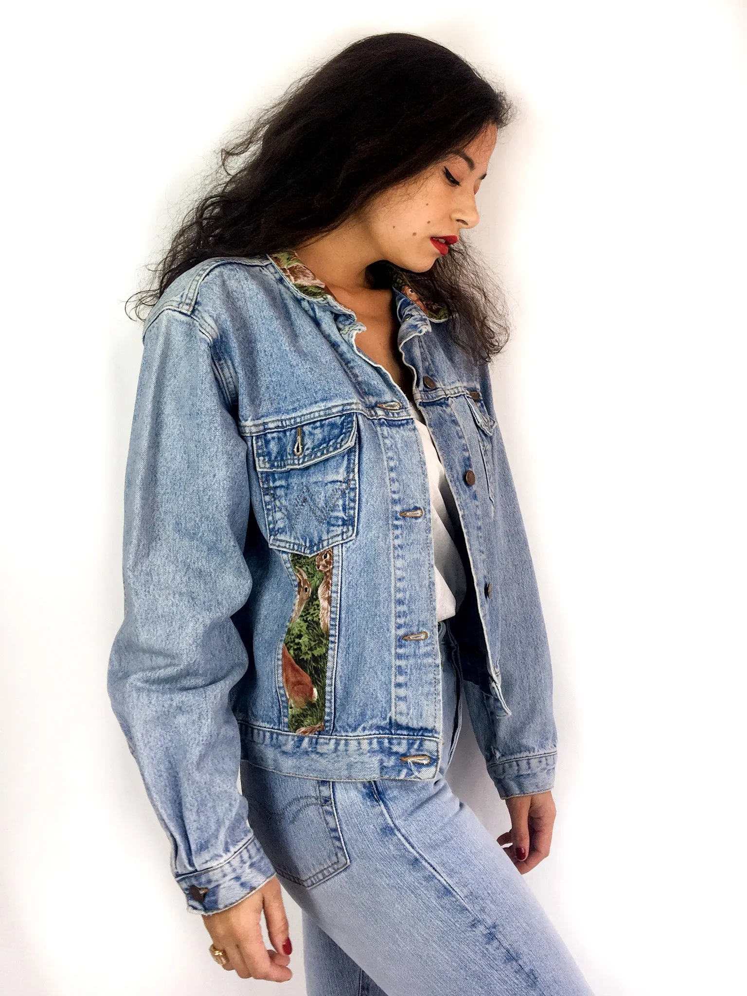 90s vintage up-cycled Wrangler denim jacket, "Rabbits in grass" print