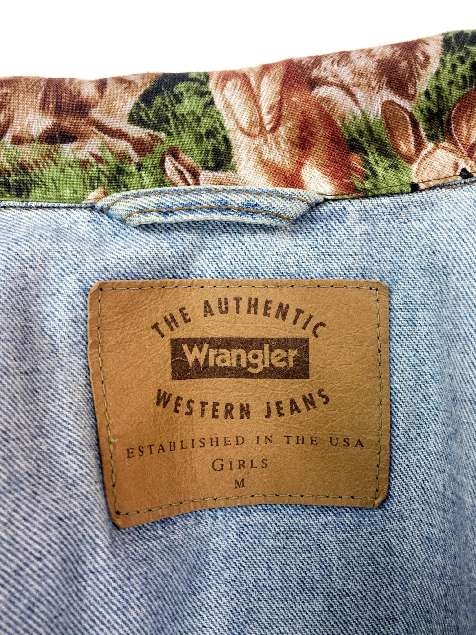 90s vintage up-cycled Wrangler denim jacket, "Rabbits in grass" print
