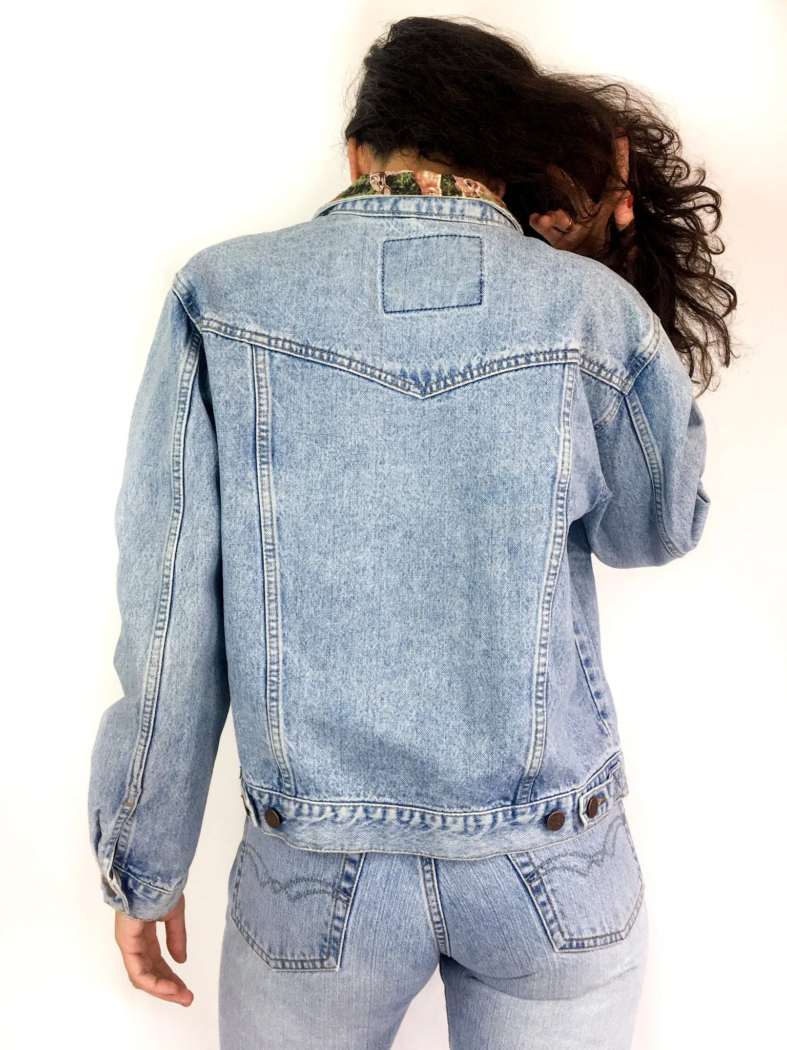 90s vintage up-cycled Wrangler denim jacket, "Rabbits in grass" print