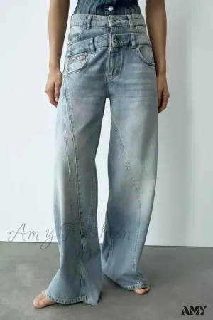 Amy Fashion - 2024 Female Fashion Patchwork Denim Pant High Waist Vintage Women Casual Street Slim Wide Leg Long Jean