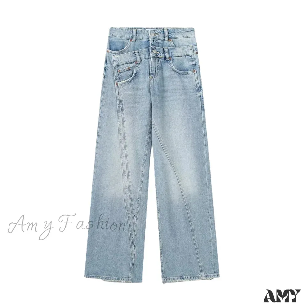Amy Fashion - 2024 Female Fashion Patchwork Denim Pant High Waist Vintage Women Casual Street Slim Wide Leg Long Jean