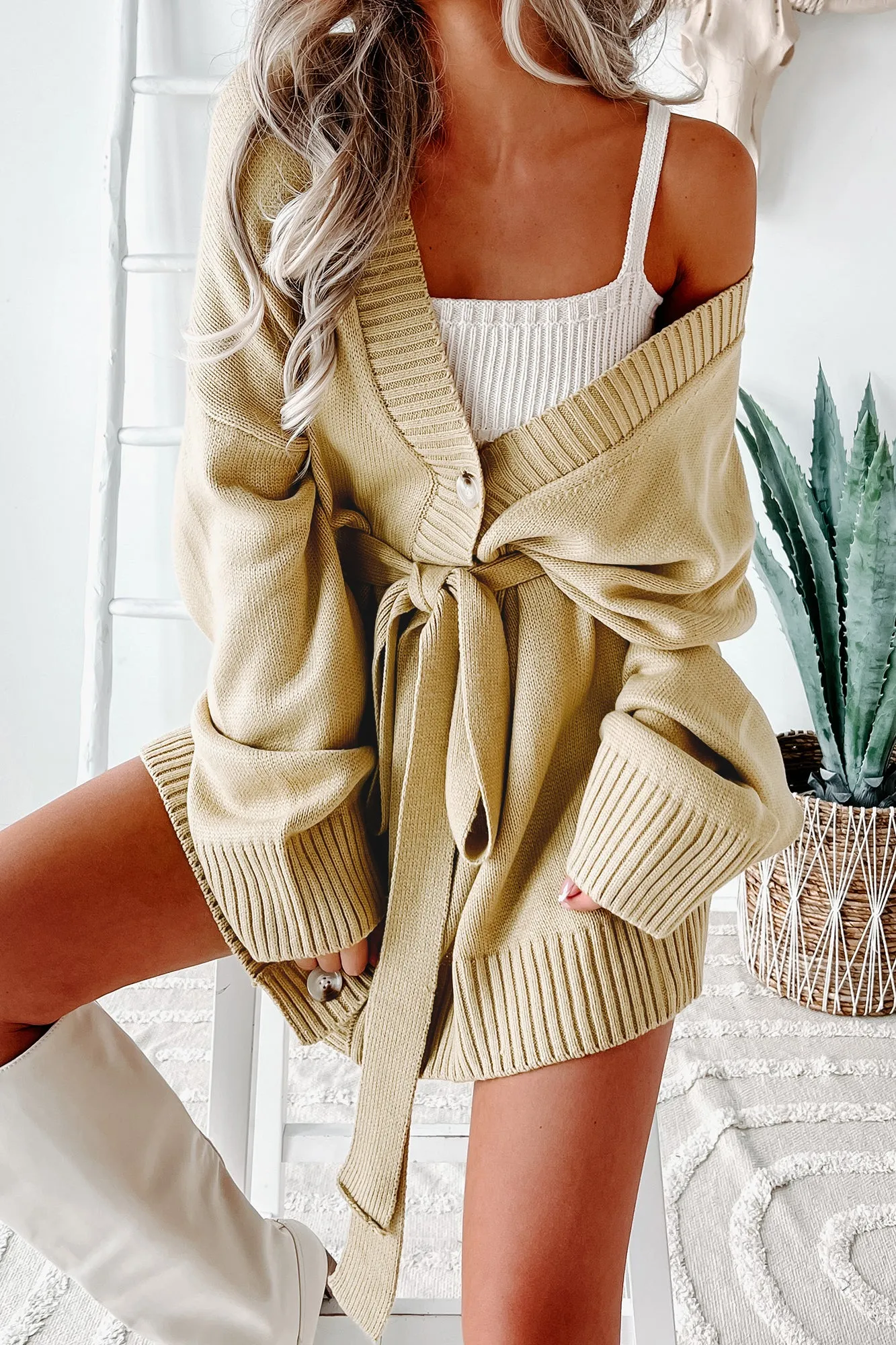 Campus Cozy Oversized Tie-Waist Cardigan (Dijon)