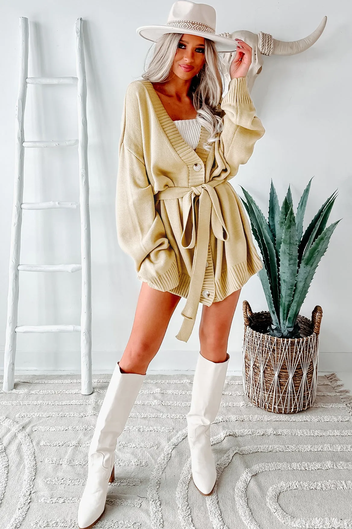 Campus Cozy Oversized Tie-Waist Cardigan (Dijon)