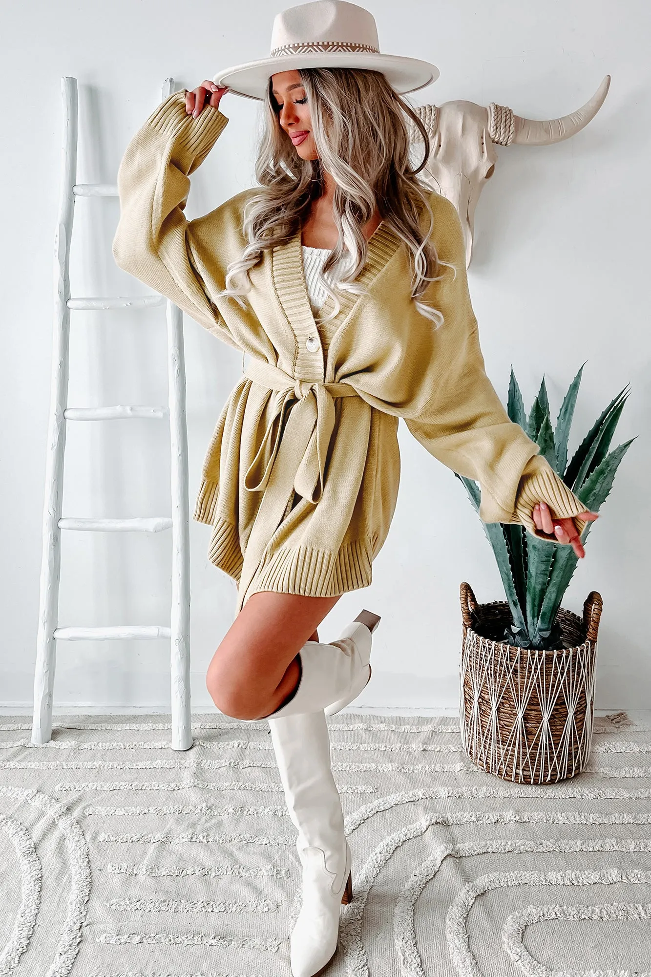 Campus Cozy Oversized Tie-Waist Cardigan (Dijon)