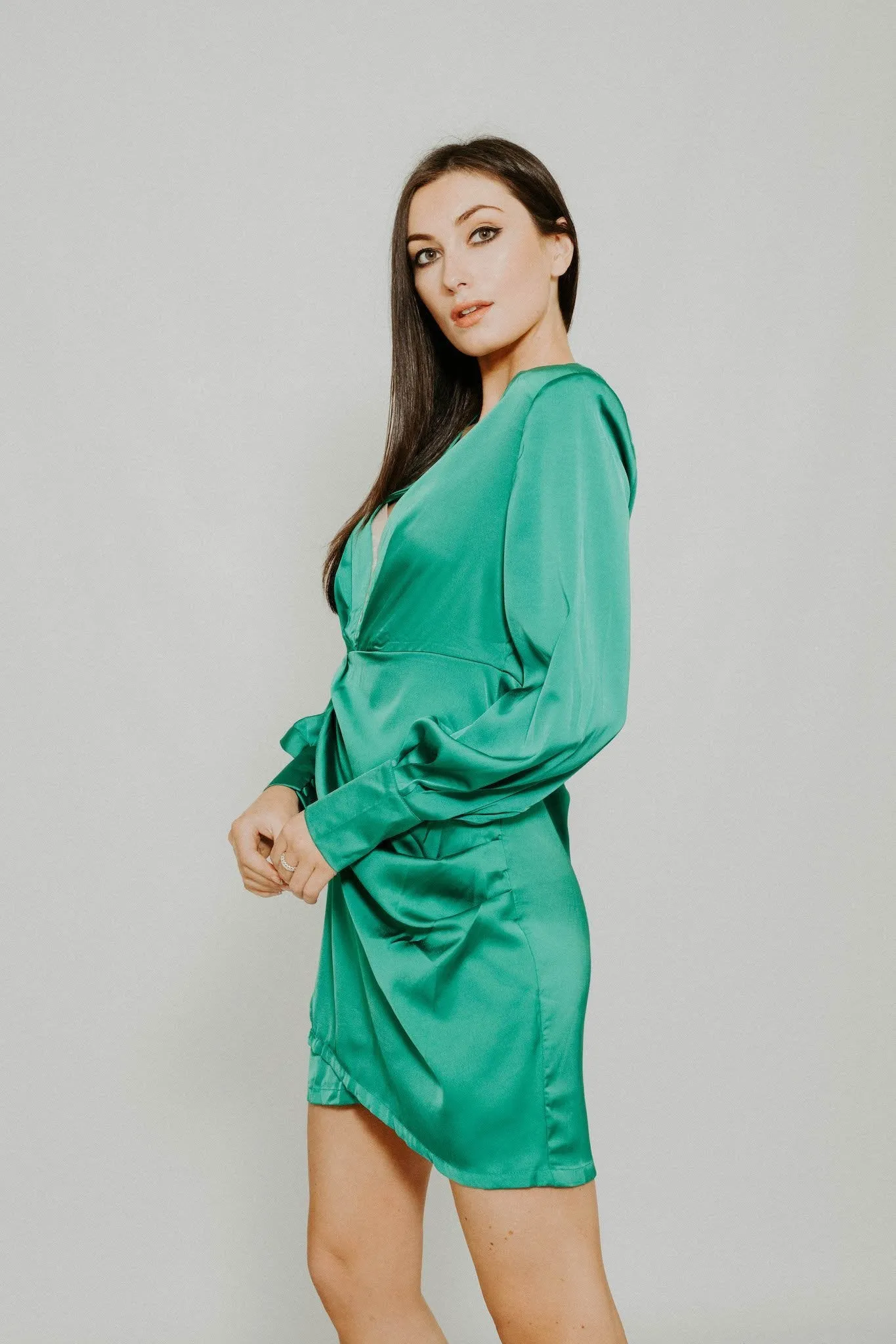 Elsa Satin Wrap Dress In Green