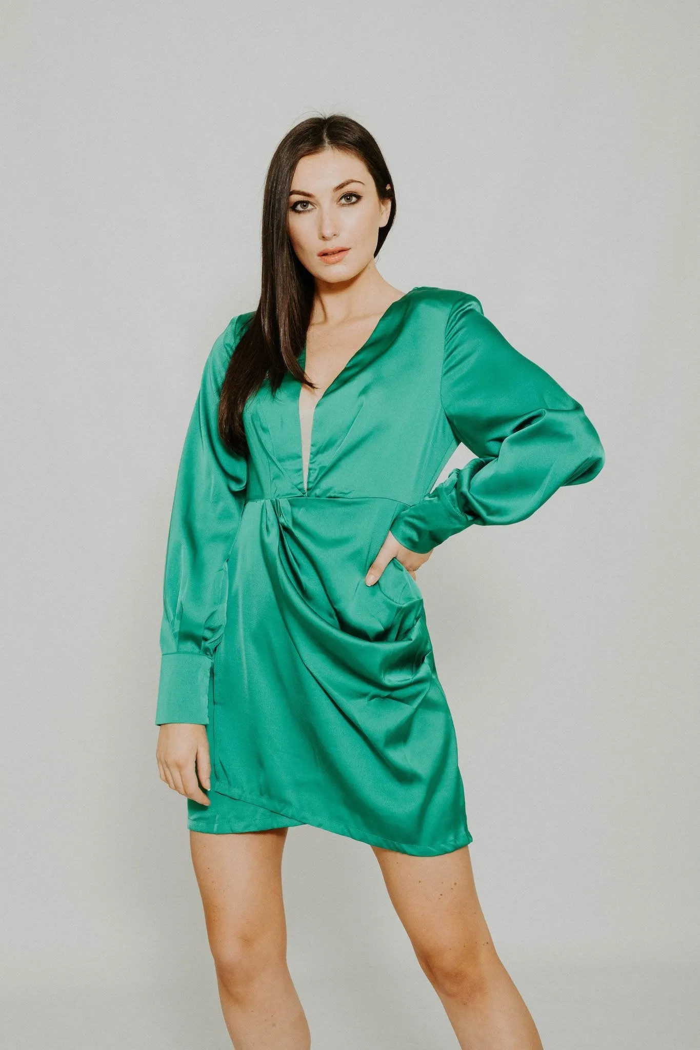 Elsa Satin Wrap Dress In Green