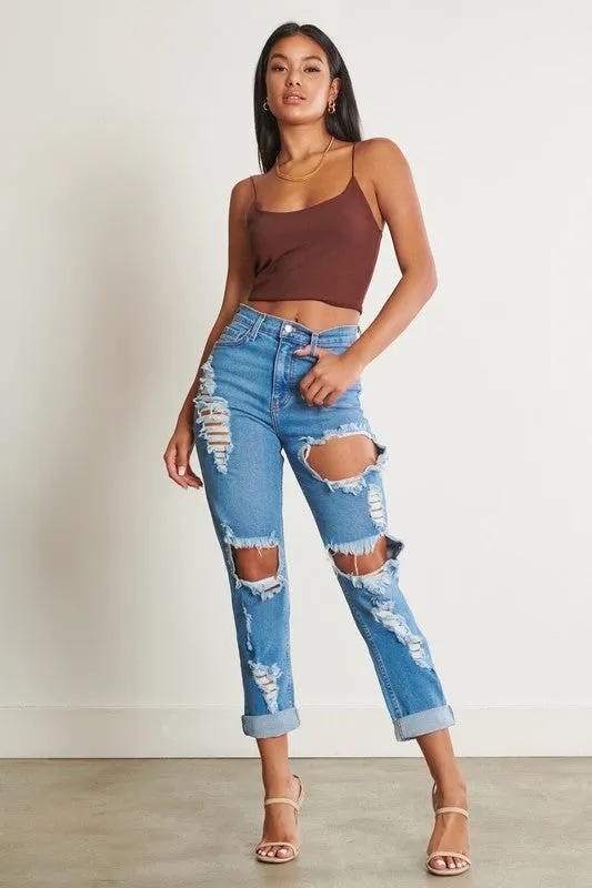 High-Waisted Distressed Boyfriend Jeans