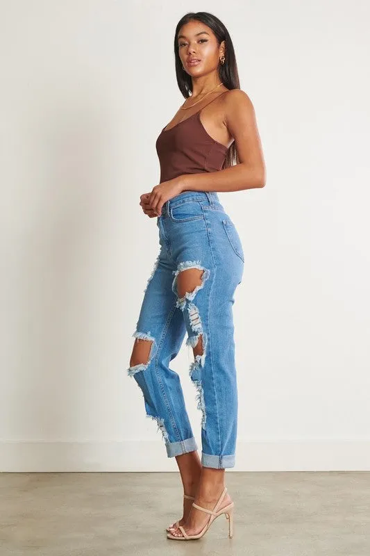 High-Waisted Distressed Boyfriend Jeans