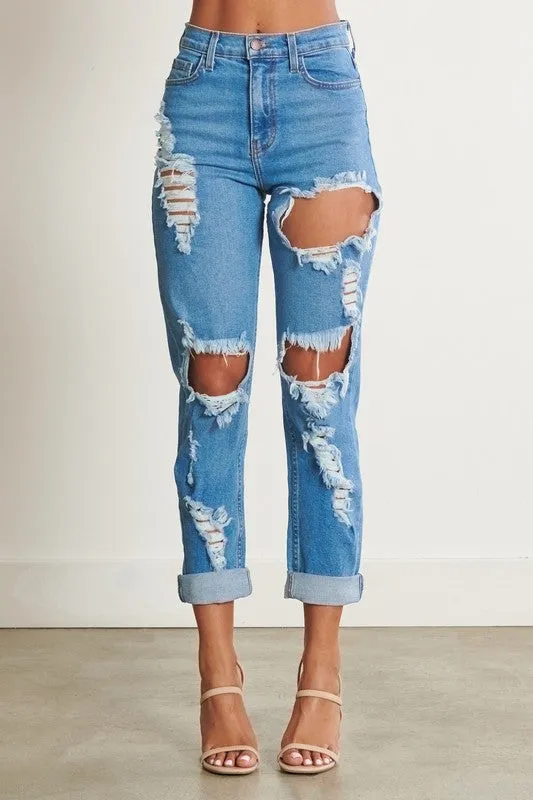 High-Waisted Distressed Boyfriend Jeans