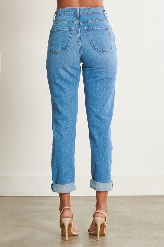 High-Waisted Distressed Boyfriend Jeans