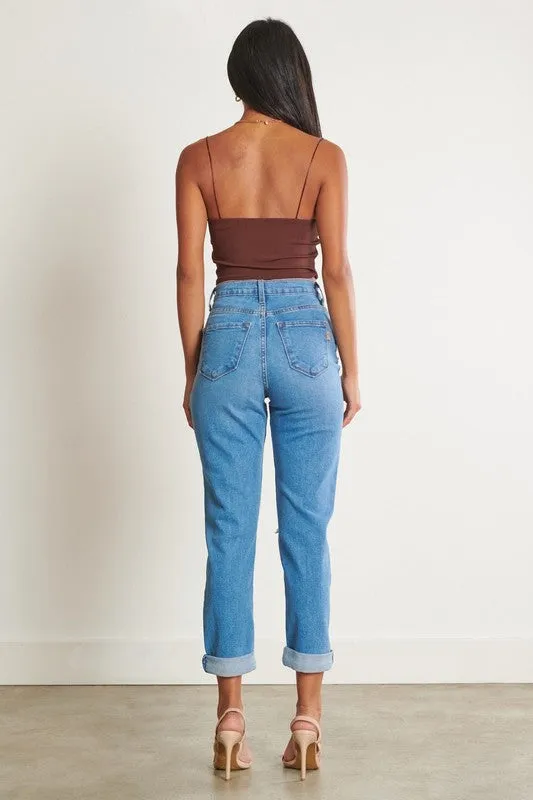 High-Waisted Distressed Boyfriend Jeans