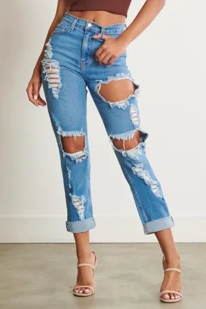 High-Waisted Distressed Boyfriend Jeans