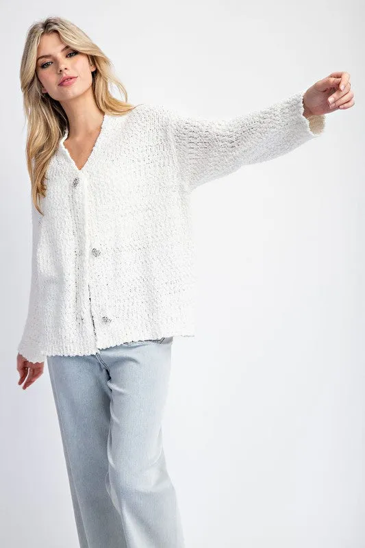 Hillary Long Sleeve Accent Button Down Cardigan White