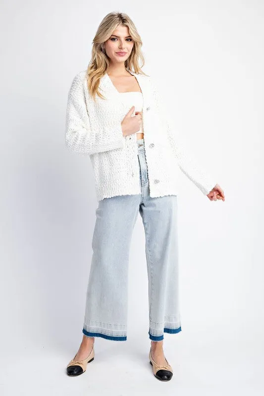 Hillary Long Sleeve Accent Button Down Cardigan White