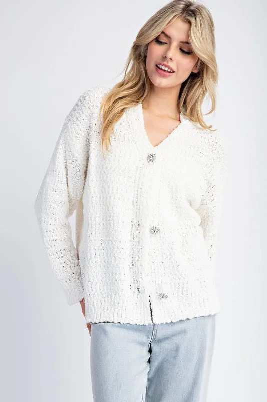 Hillary Long Sleeve Accent Button Down Cardigan White
