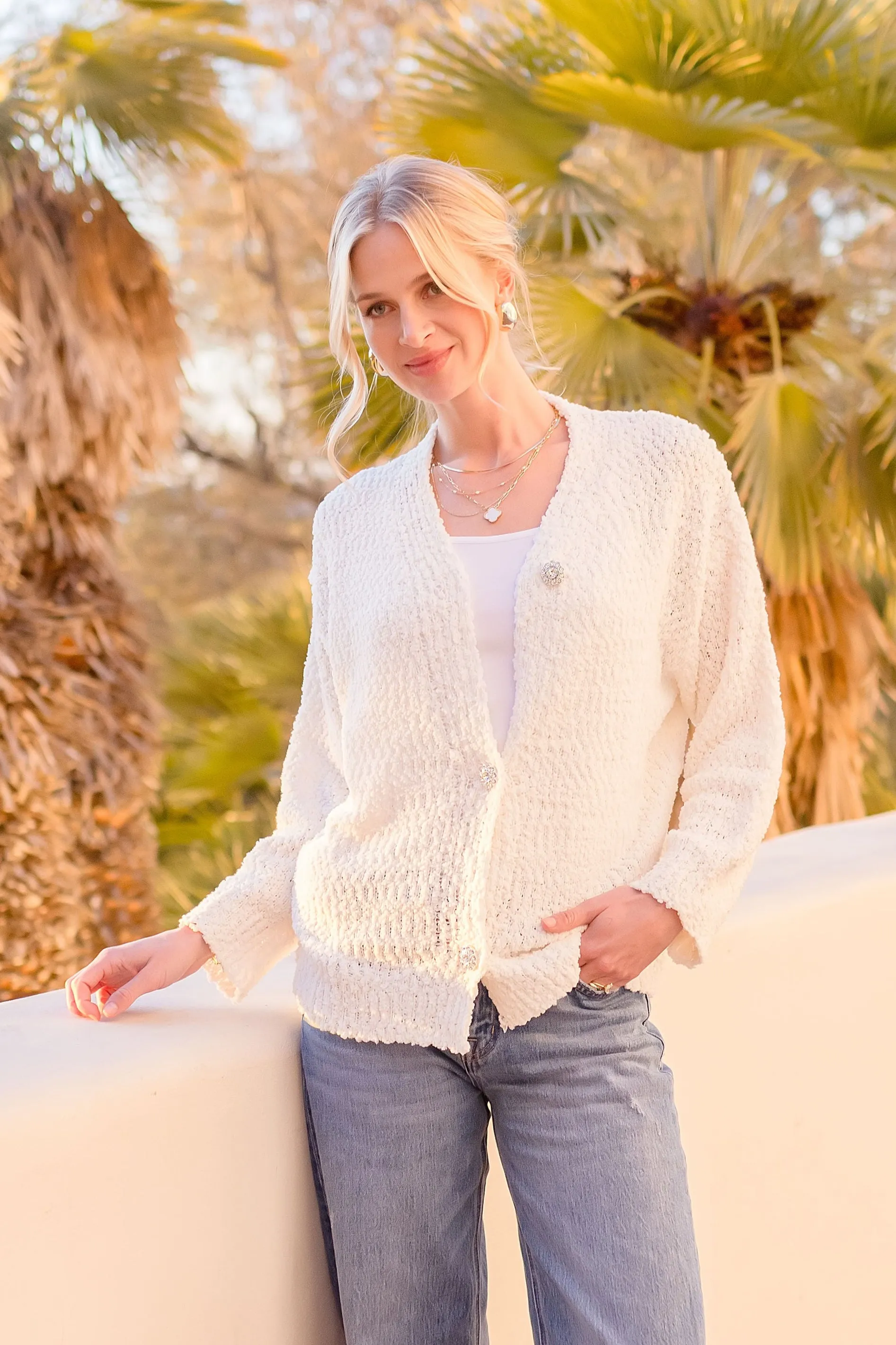 Hillary Long Sleeve Accent Button Down Cardigan White