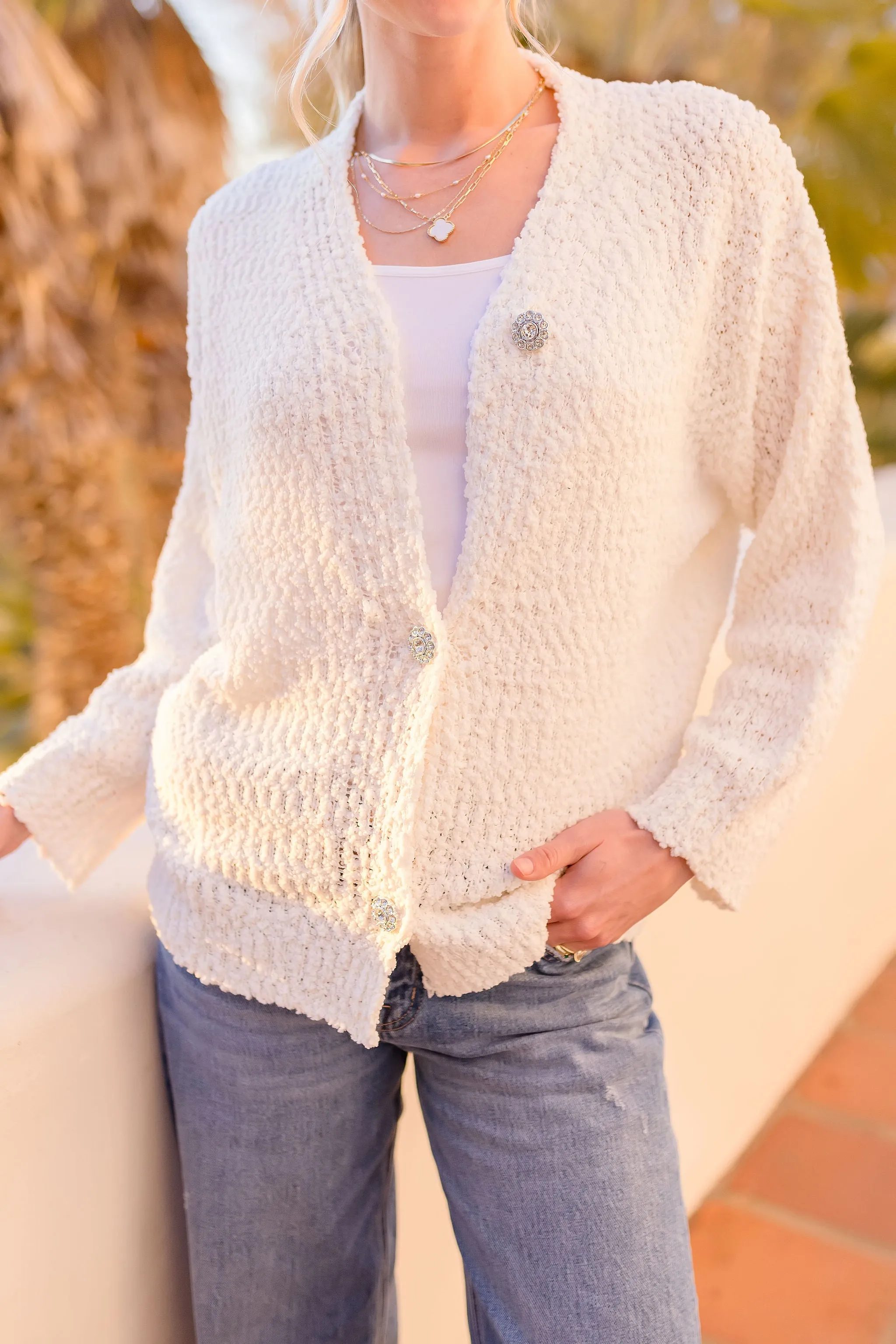 Hillary Long Sleeve Accent Button Down Cardigan White