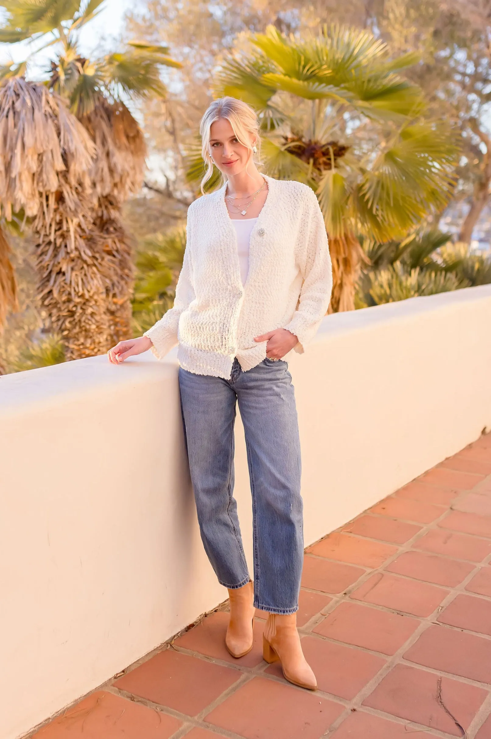 Hillary Long Sleeve Accent Button Down Cardigan White