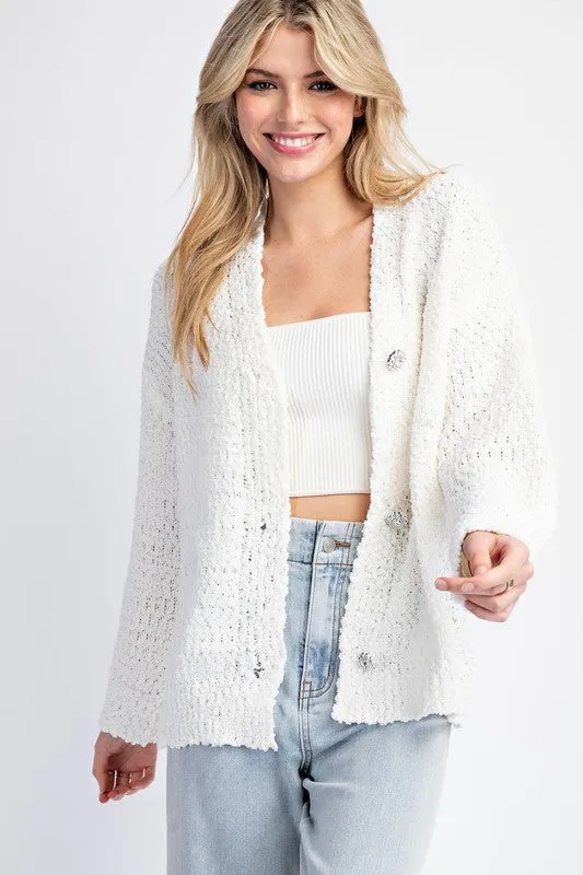 Hillary Long Sleeve Accent Button Down Cardigan White
