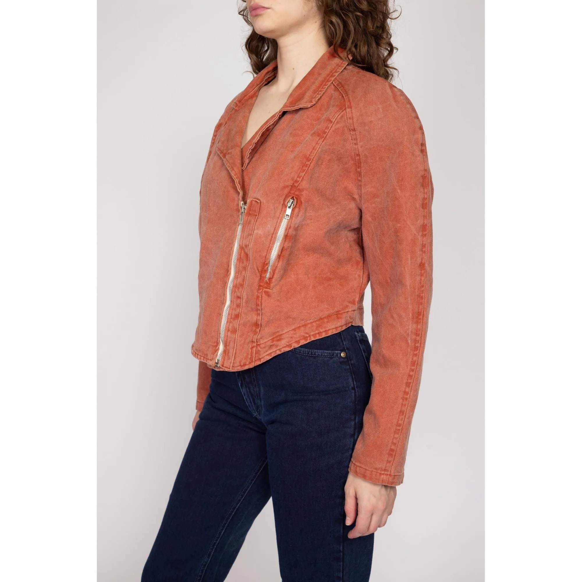 Large 80s Burnt Orange Denim Moto Jacket