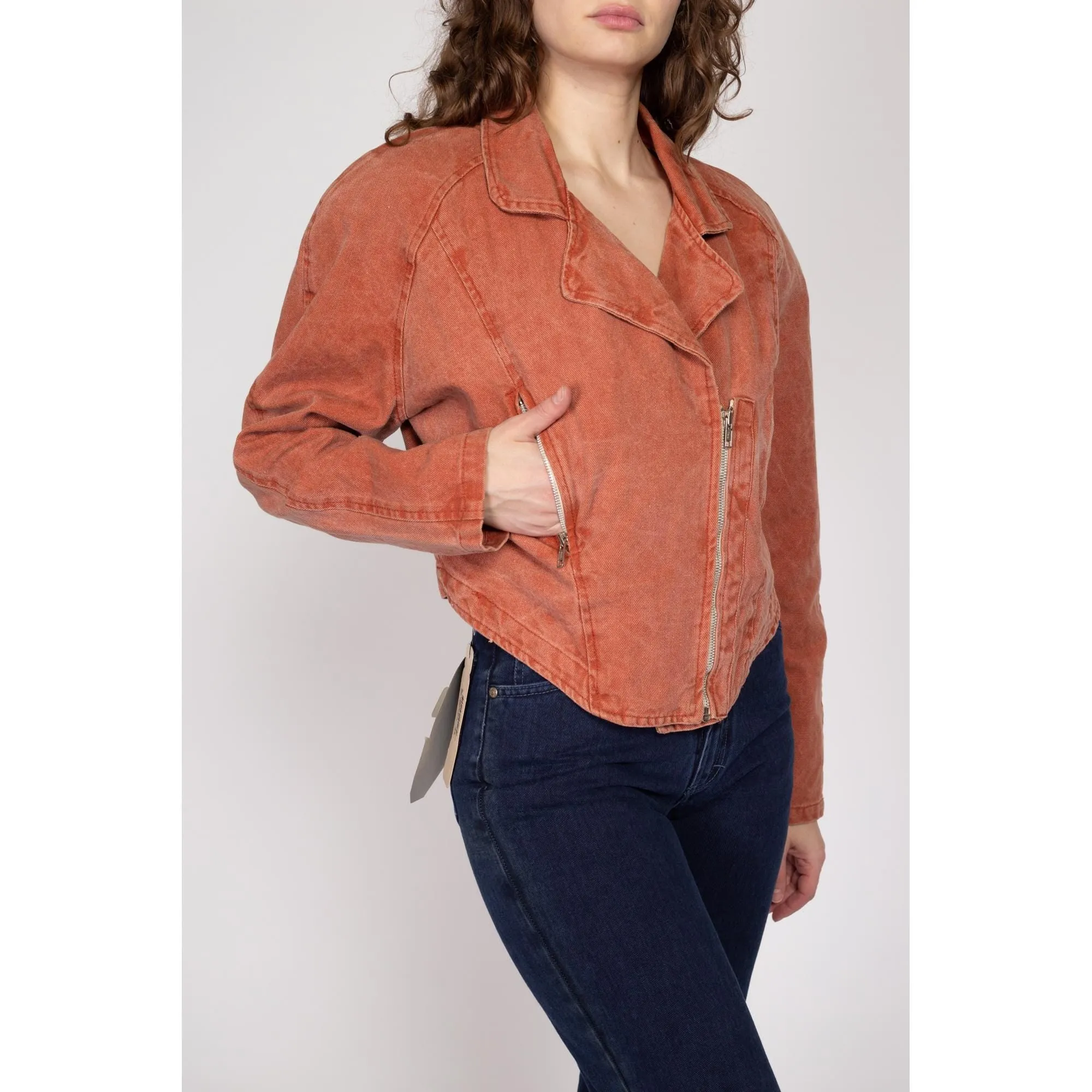 Large 80s Burnt Orange Denim Moto Jacket
