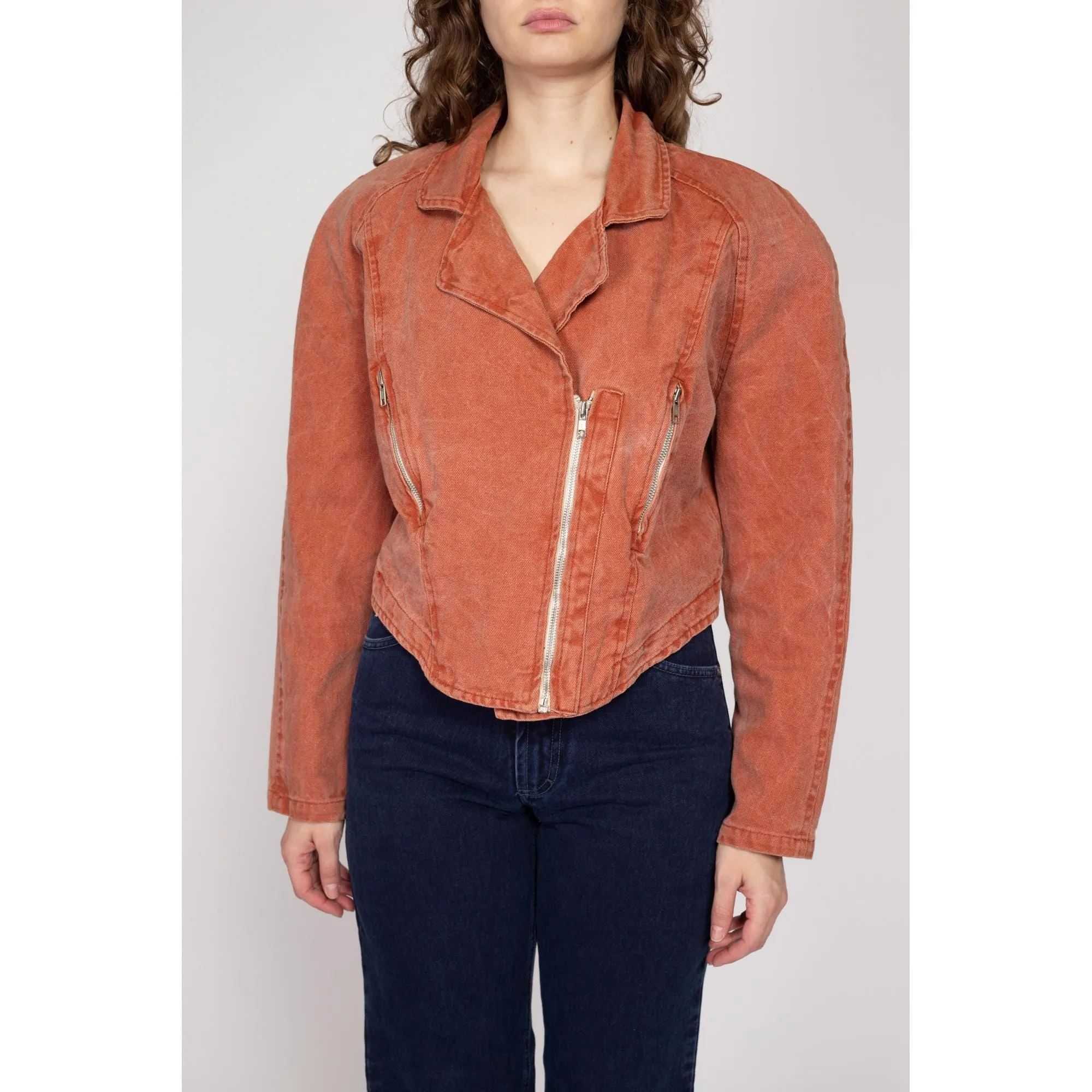 Large 80s Burnt Orange Denim Moto Jacket