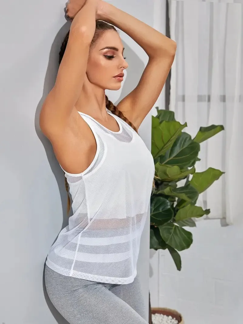 LB Jessica Fitness Sports Tank Top, Breathable Sleeveless Solid Color Sheer Sports Tank
