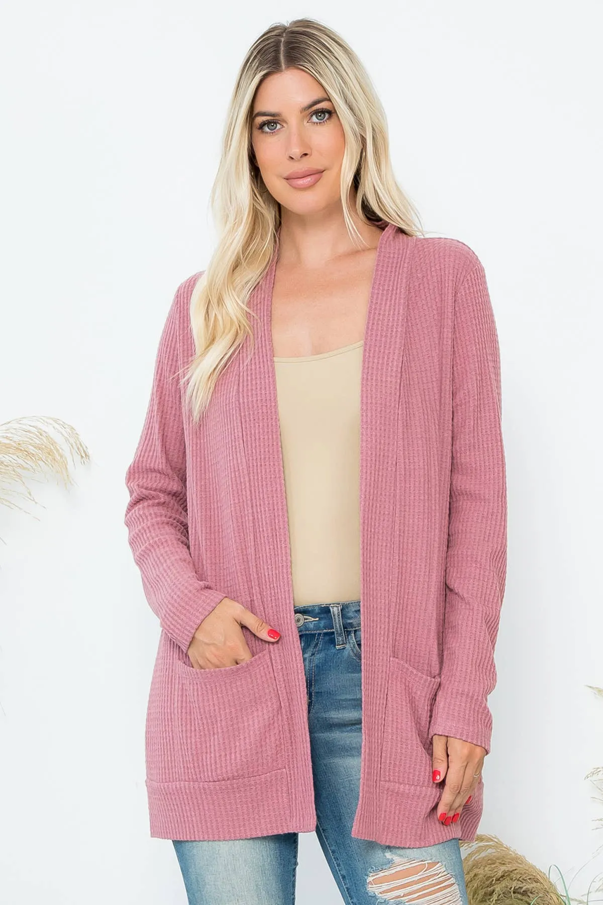 Long Sleeve Waffle Print Cozy Cardigan - Mauve