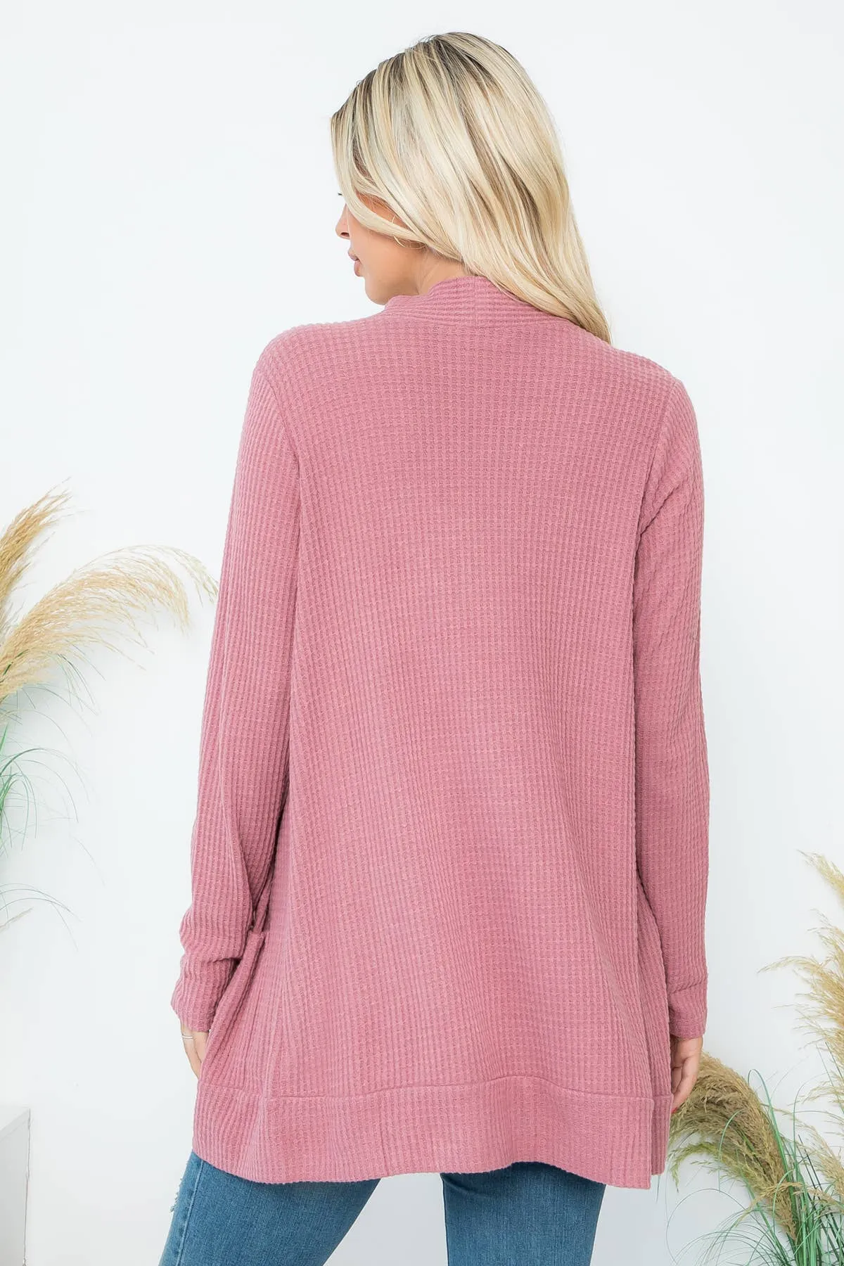 Long Sleeve Waffle Print Cozy Cardigan - Mauve