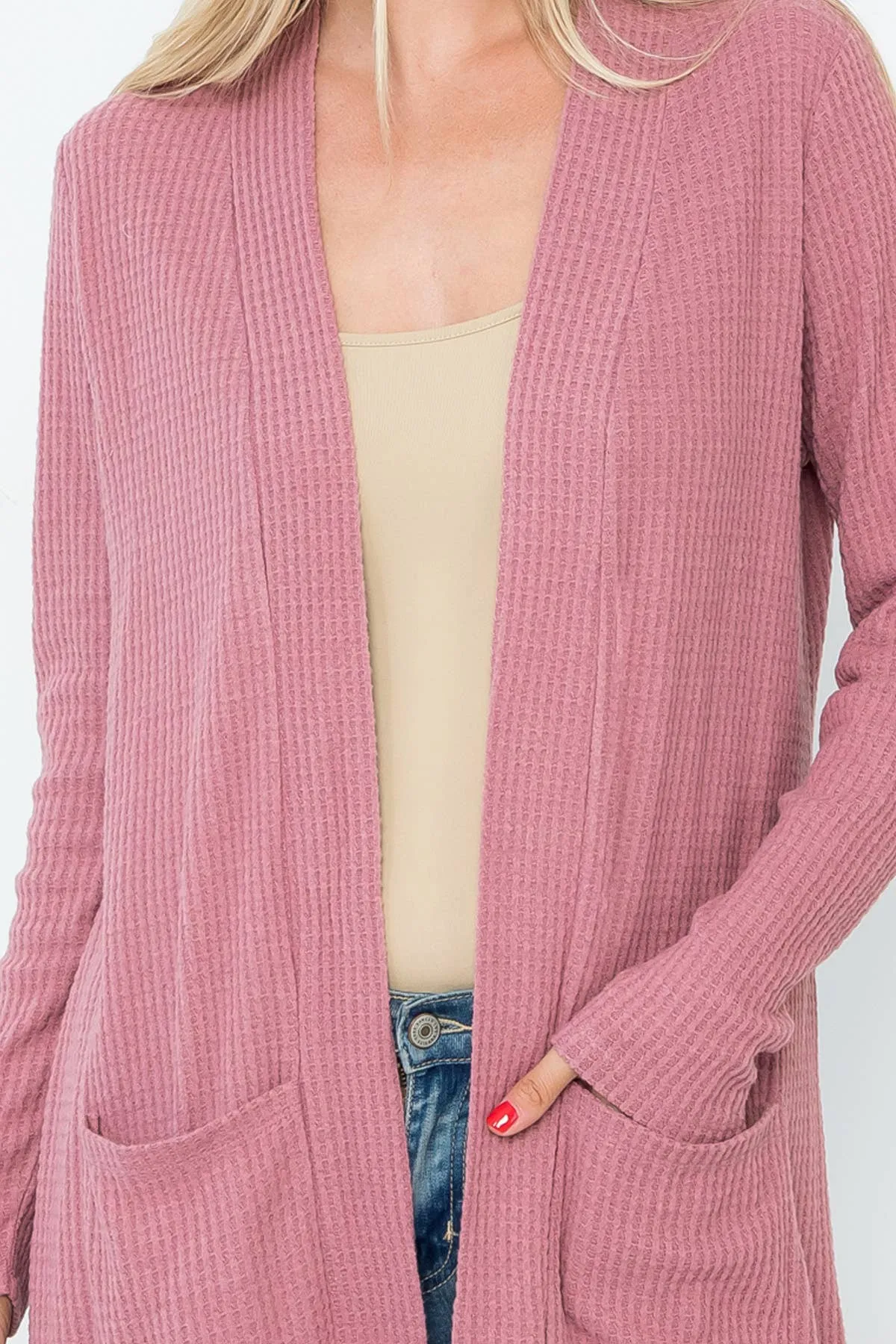 Long Sleeve Waffle Print Cozy Cardigan - Mauve