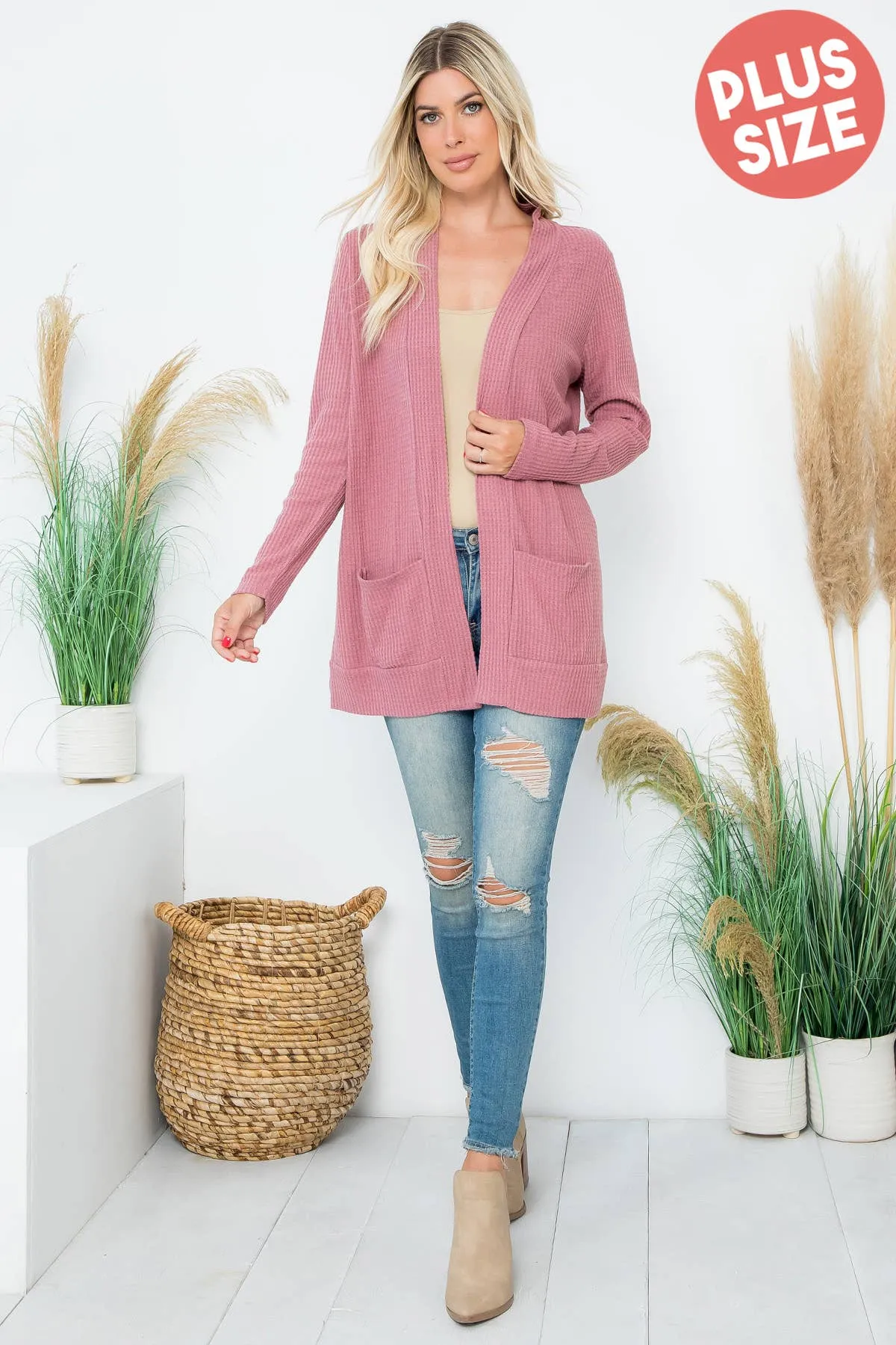 Long Sleeve Waffle Print Cozy Cardigan - Mauve
