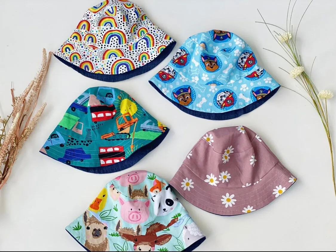 Personalised reversible denim Baby bucket hat, sun hat, canvas, drill, corduroy fabric 30  patterns, free shipping